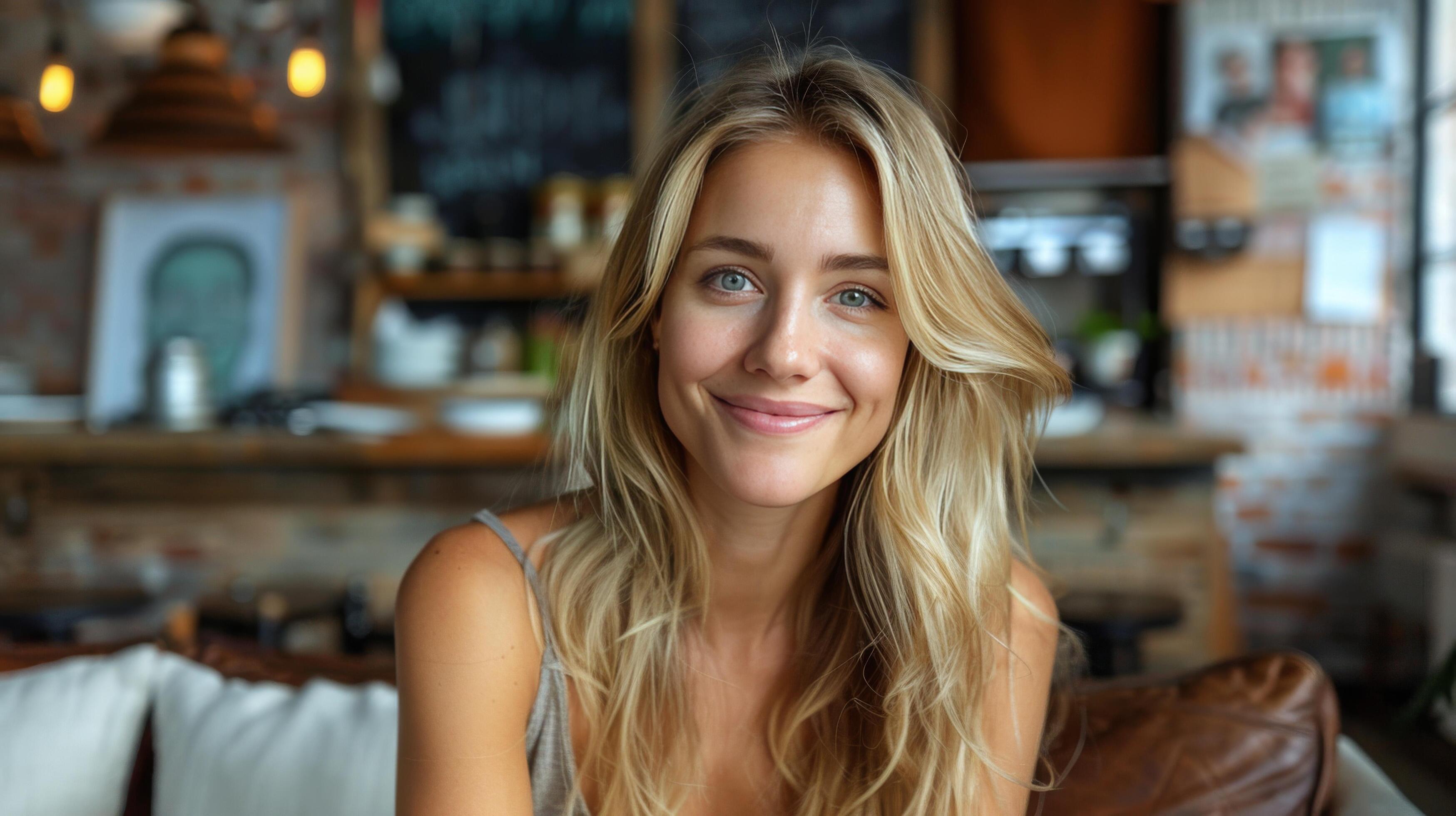 Woman Smiling on Couch Stock Free