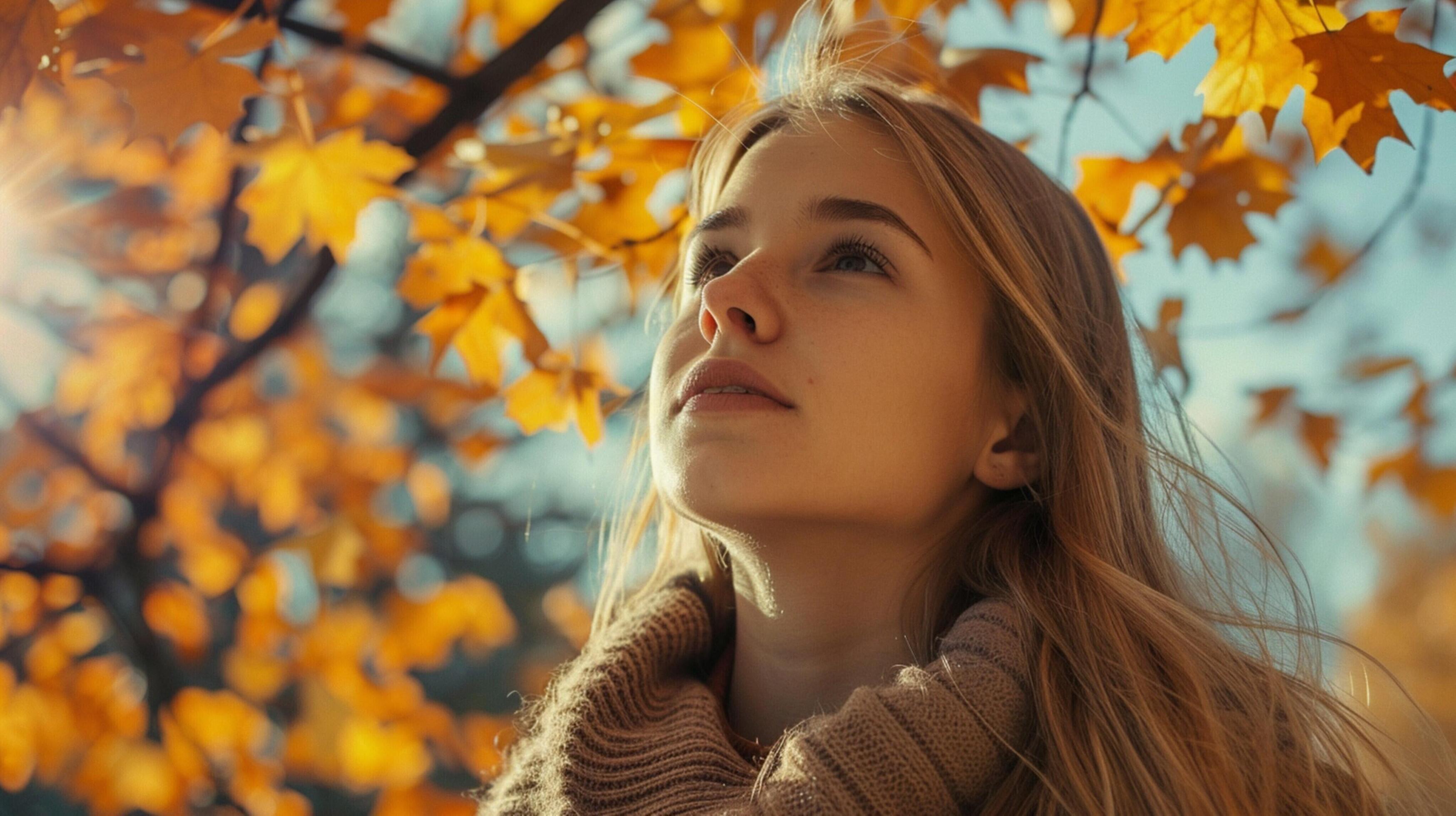 young woman with long blond hair enjoying autumn Stock Free