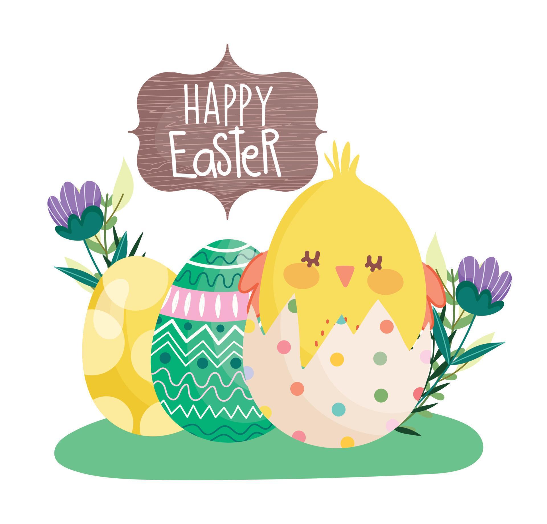 happy easter little chicken in eggshell eggs flowers decorative banner Stock Free