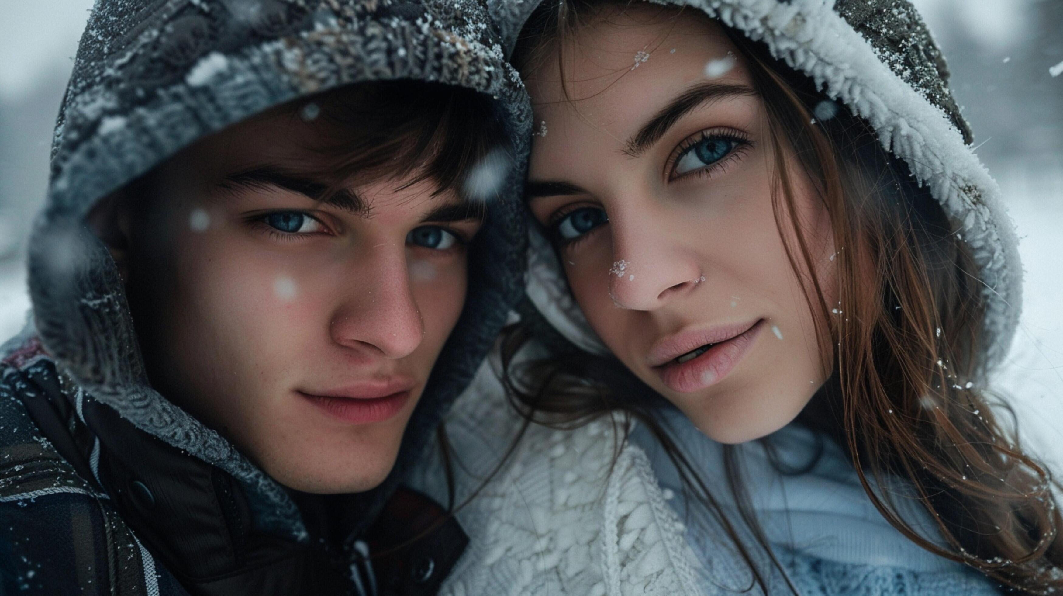 young couple in hooded shirts looking at camera Stock Free