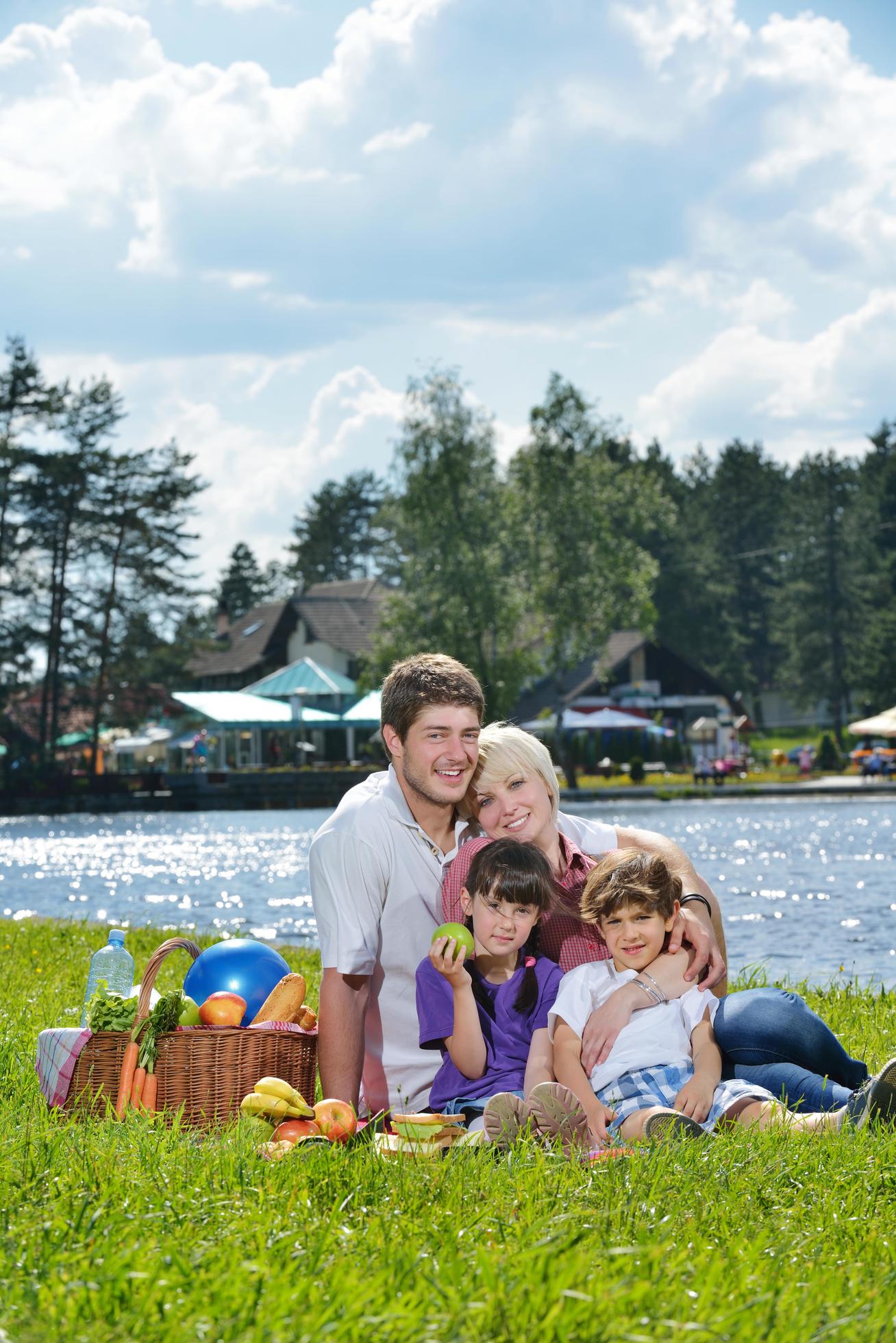 Happy family playing together in a picnic outdoors Stock Free