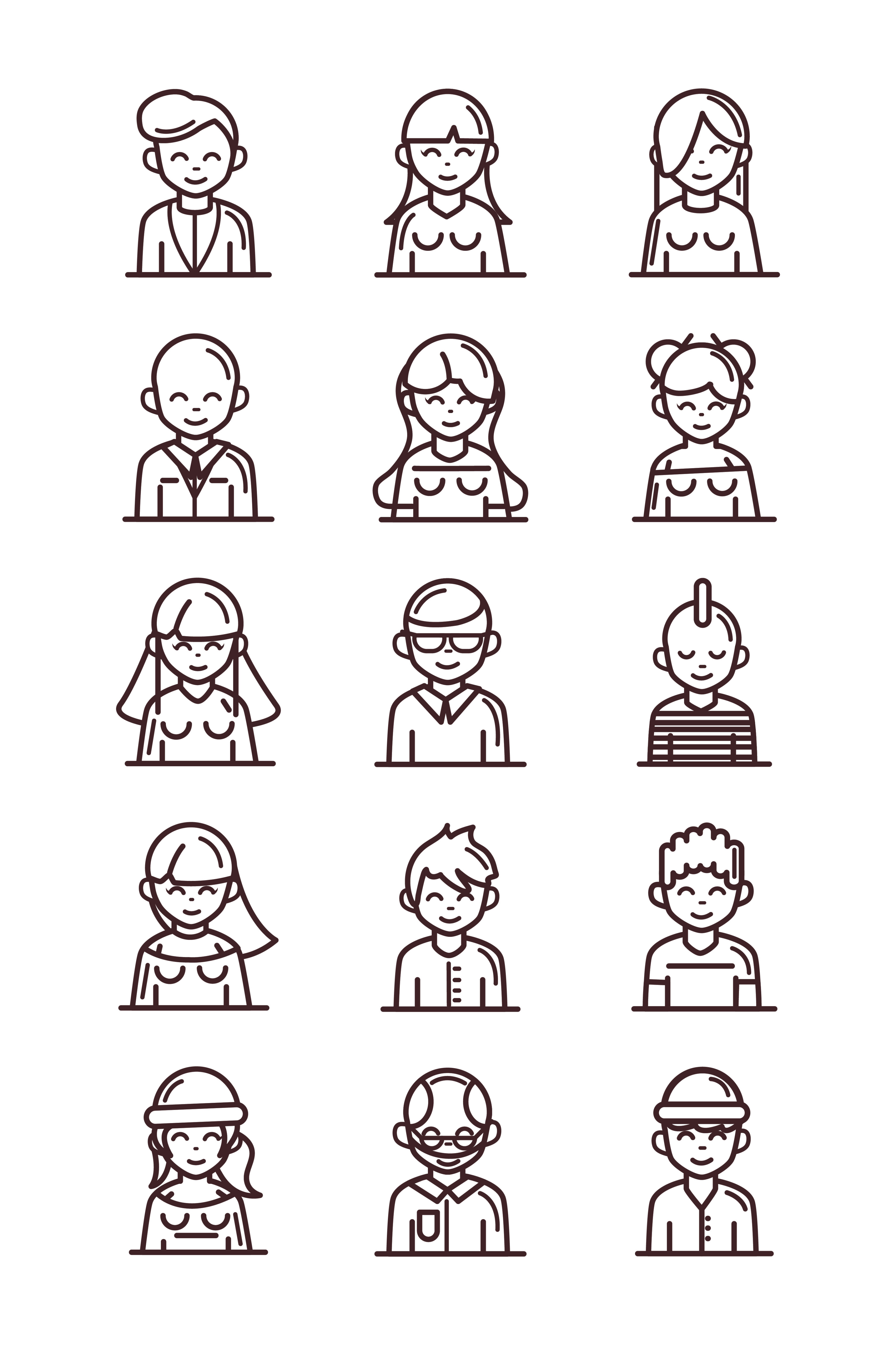 avatar male female men women cartoon character people icons set line style icon Free Vector