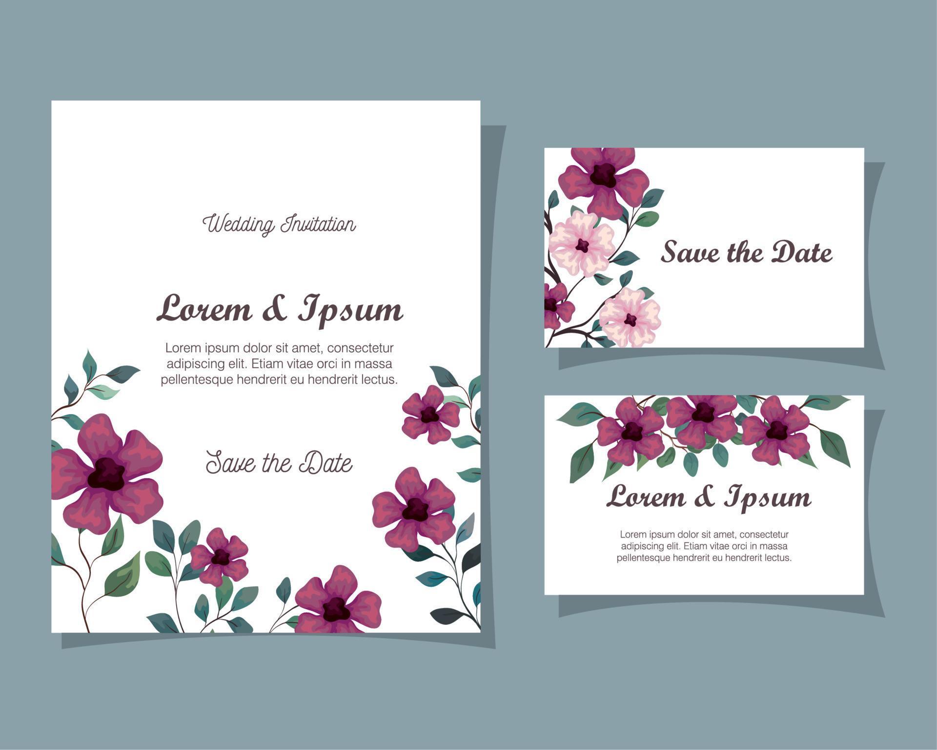 greeting cards with flowers purple and pink color, wedding invitations with flowers with branches and leaves decoration Stock Free