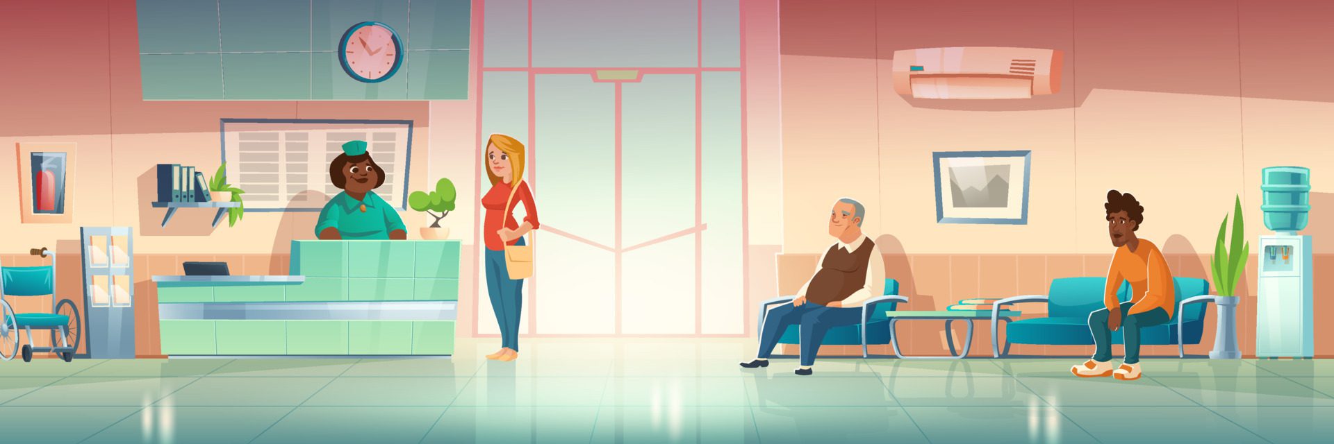 People in hospital hallway, clinic hall interior Free Vector