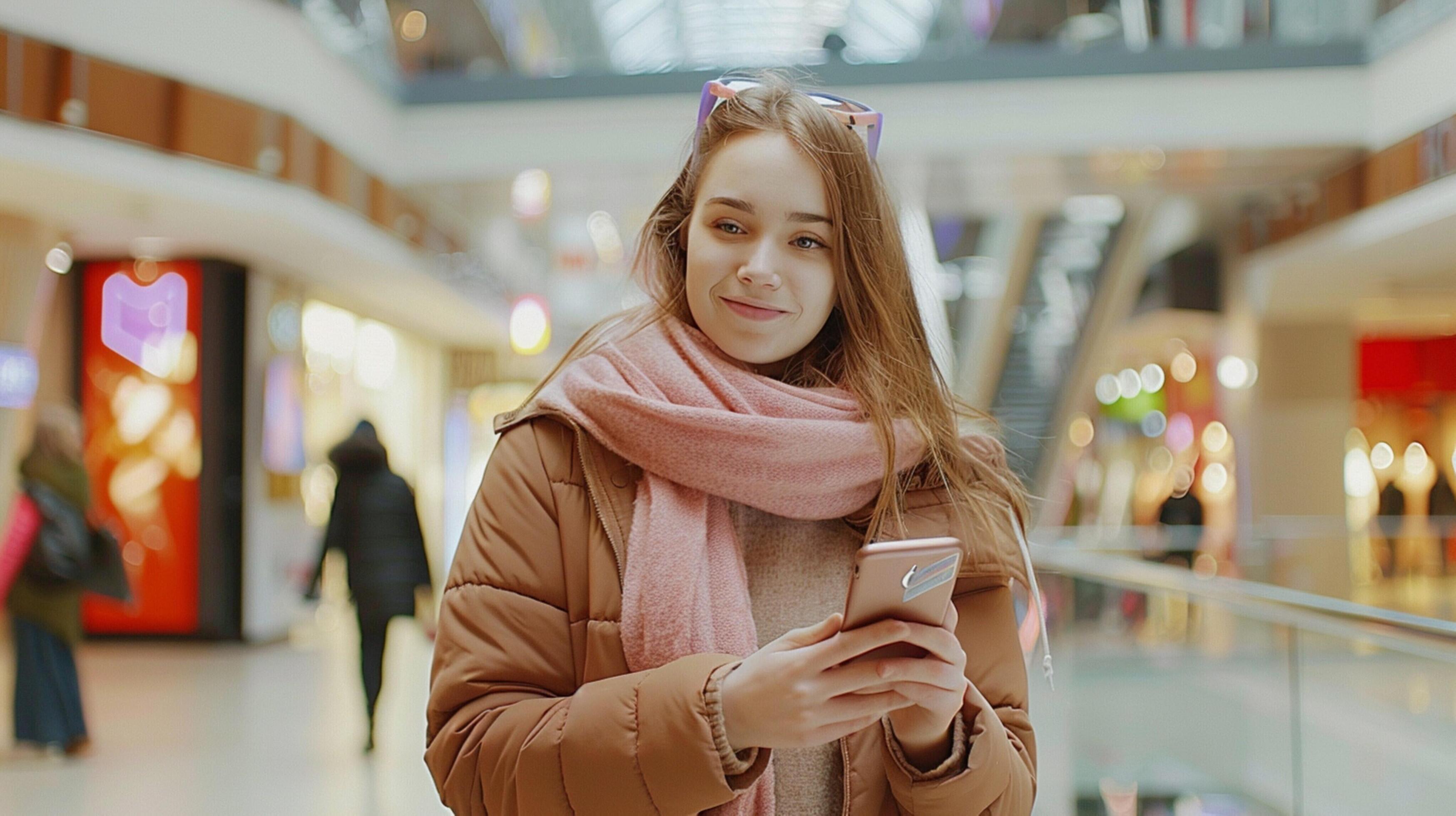 
									young woman holding phone shopping with satisfaction Stock Free