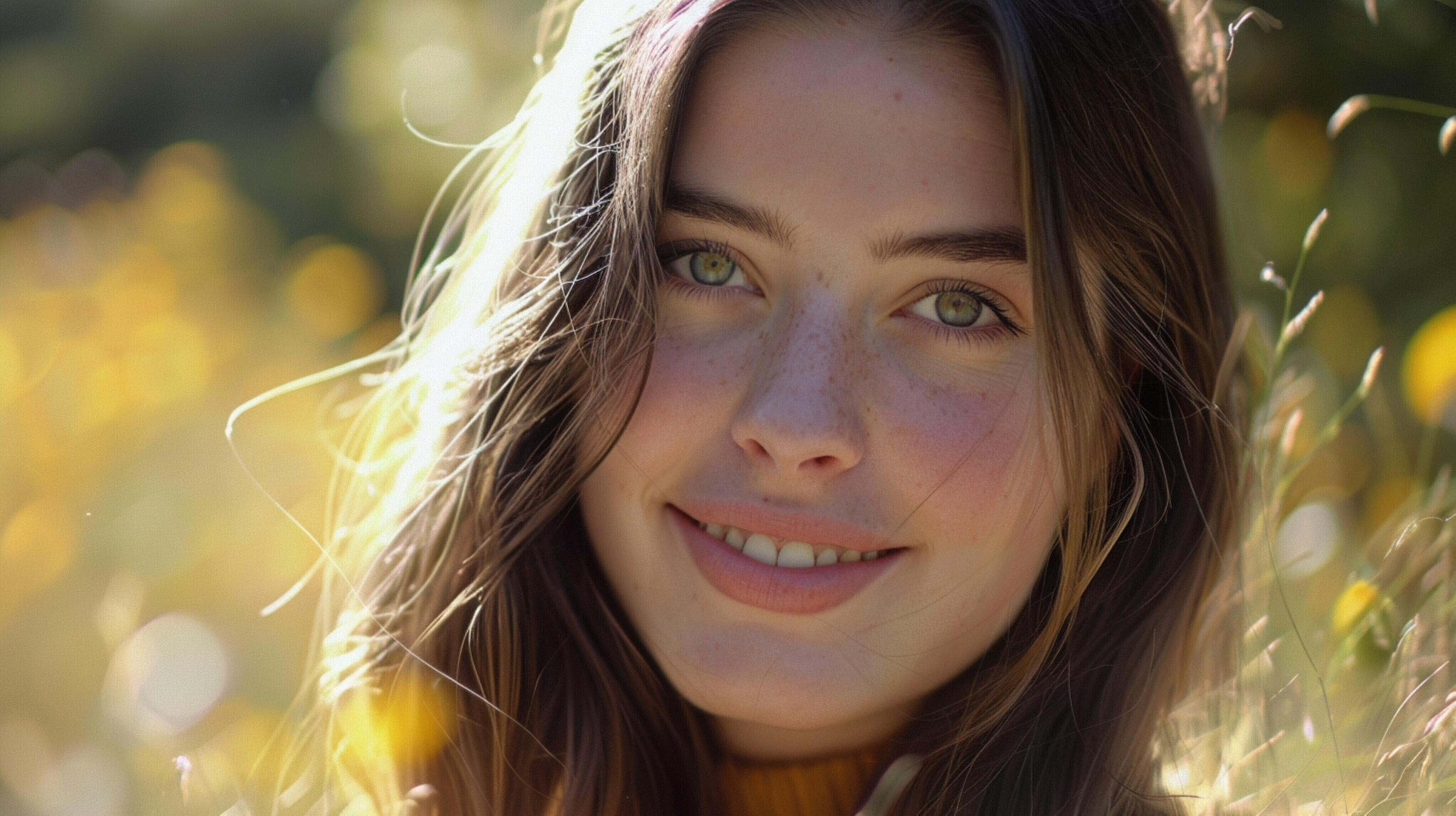 young woman with long brown hair smiling Stock Free