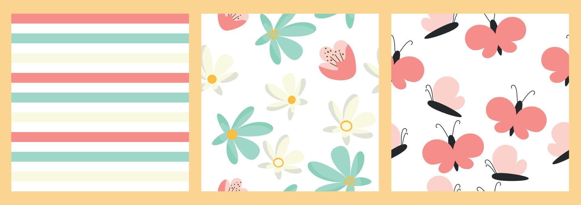 Collection of seamless patterns with butterfly and flowers. Stock Free