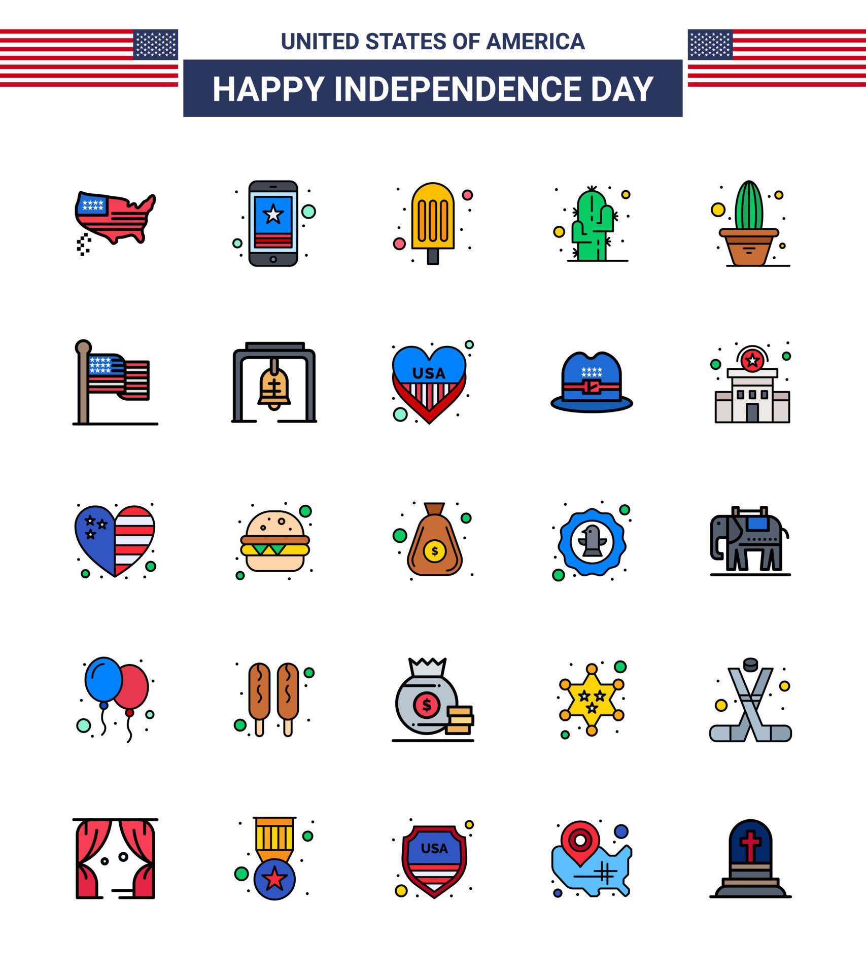 Modern Set of 25 Flat Filled Lines and symbols on USA Independence Day such as flower desert phone plant cactus Editable USA Day Vector Design Elements Stock Free