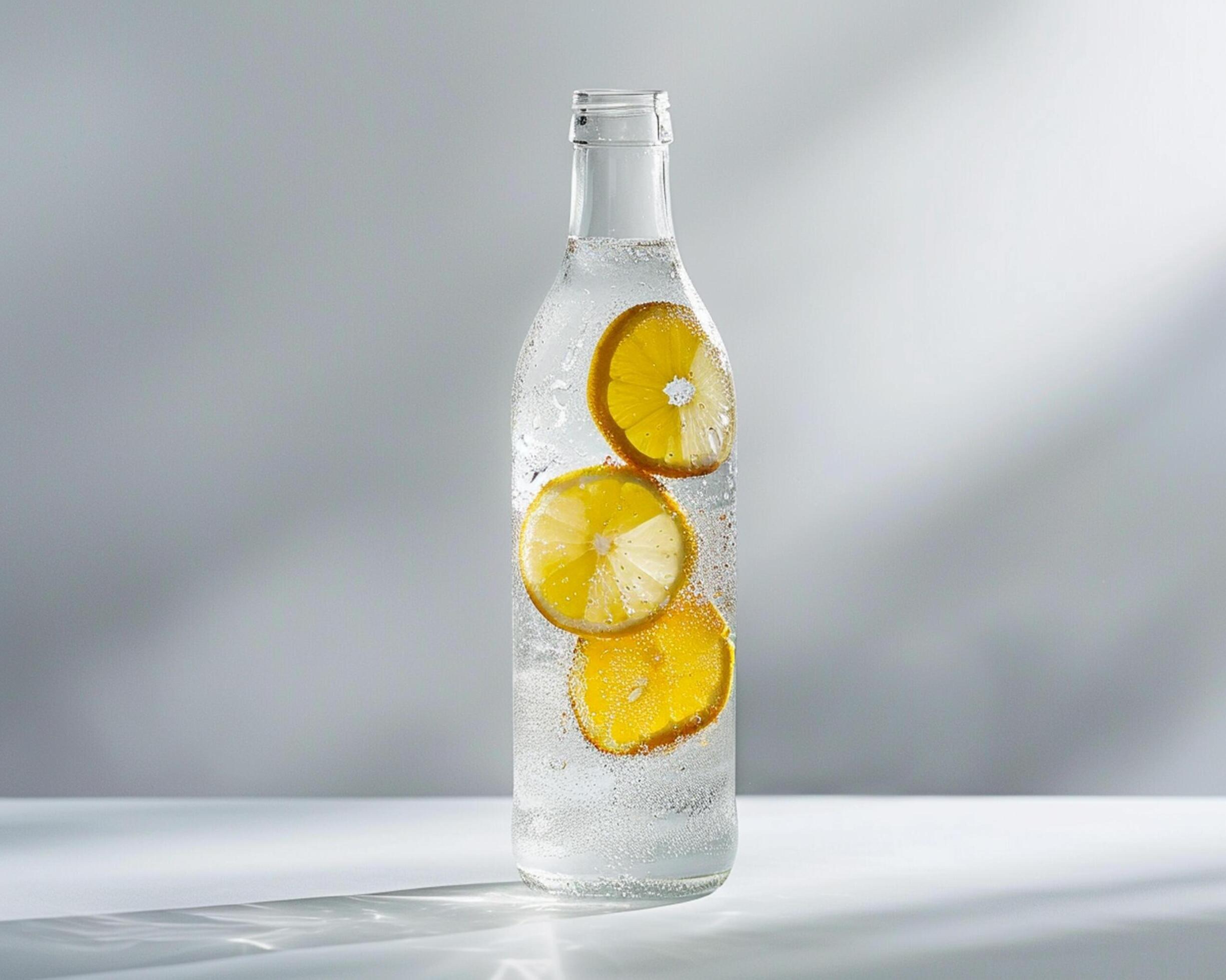 a bottle of water with lemon slices in it Stock Free