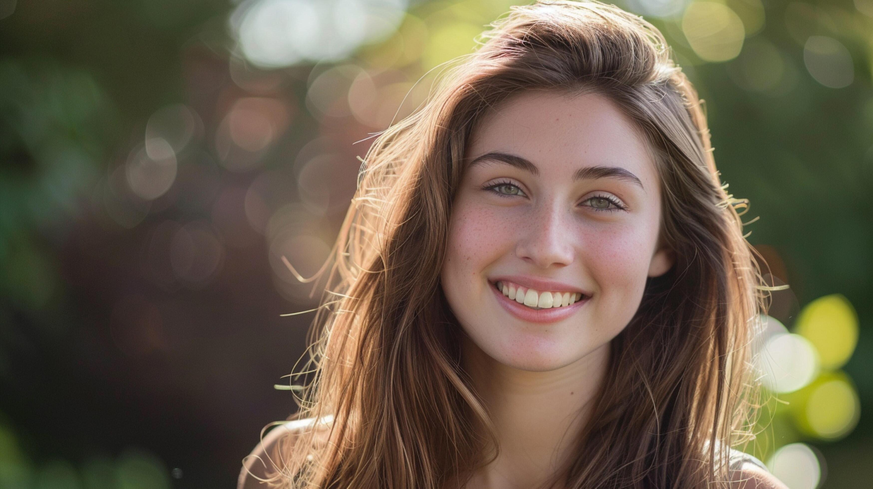 young woman with long brown hair smiling Stock Free