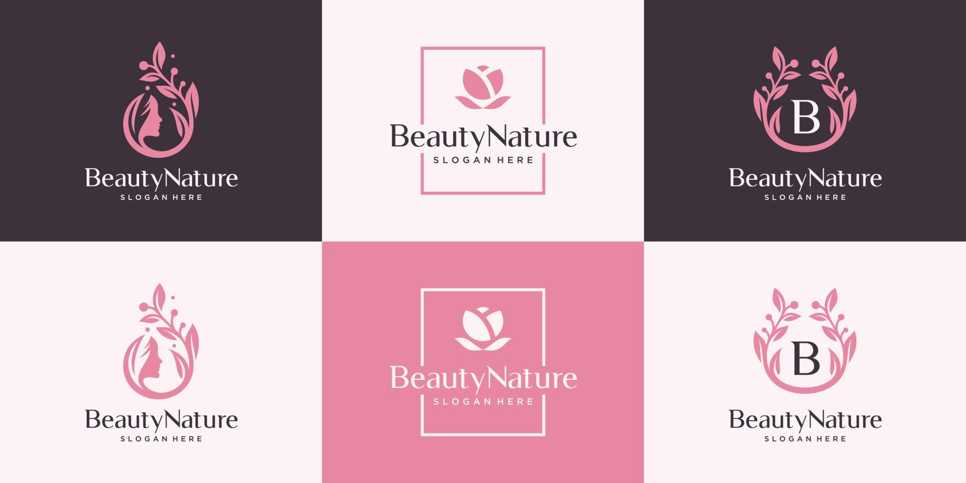 Set of abstract feminine logo design template. Beauty combine women face, flower and branch. Stock Free