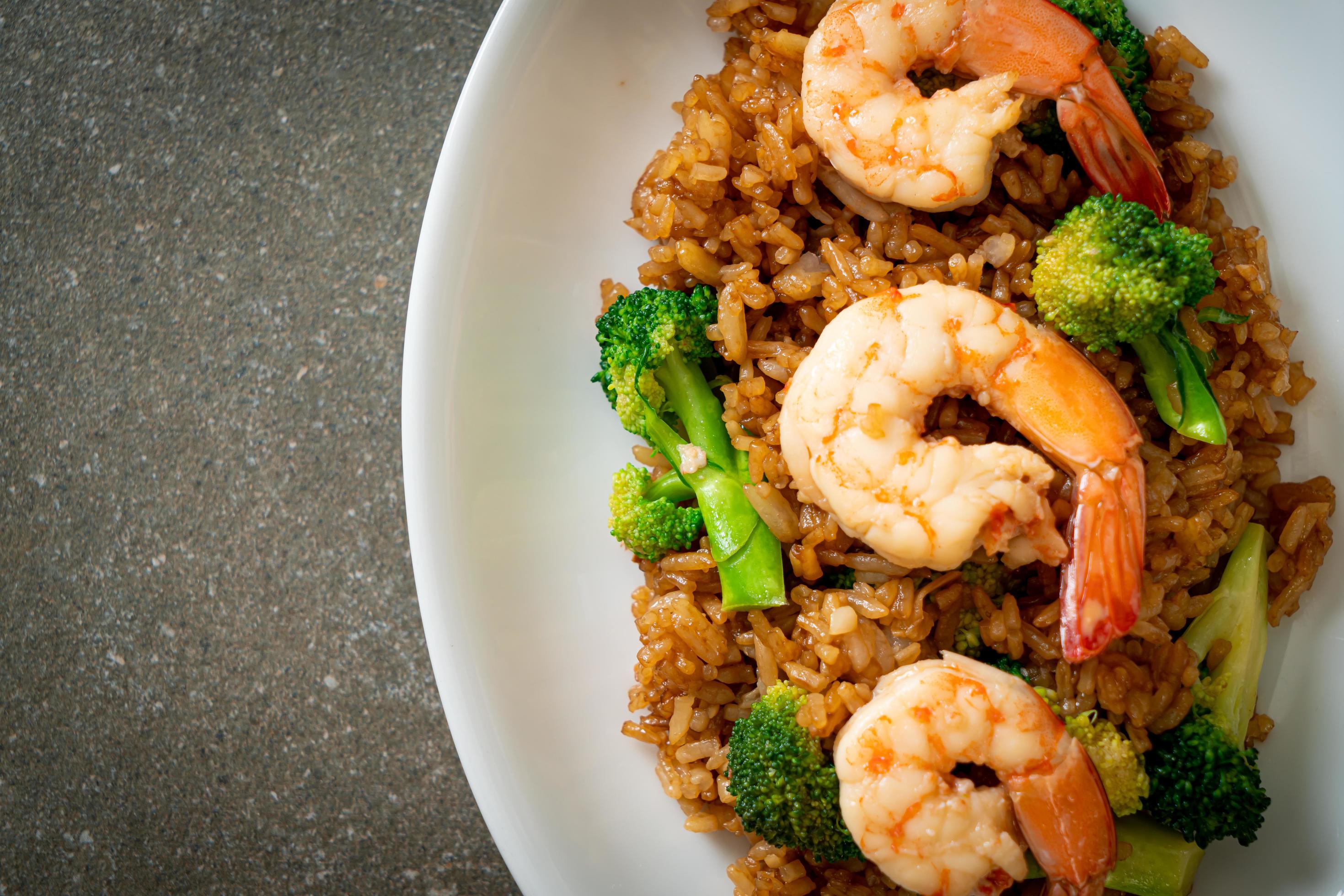 Fried rice with broccoli and shrimp – Homemade food style Stock Free