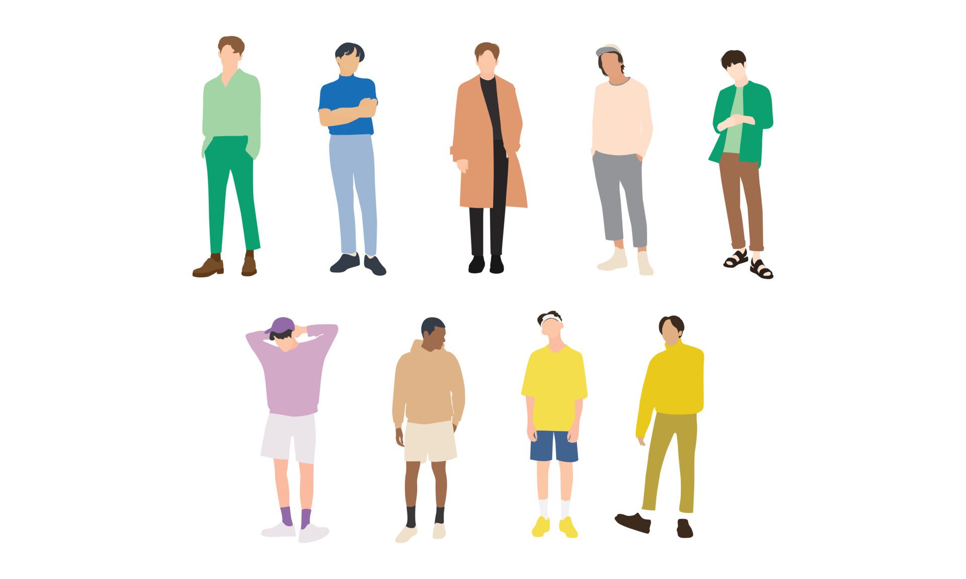 group of people with colourful clothes model boy stand up and posing. Free Vector