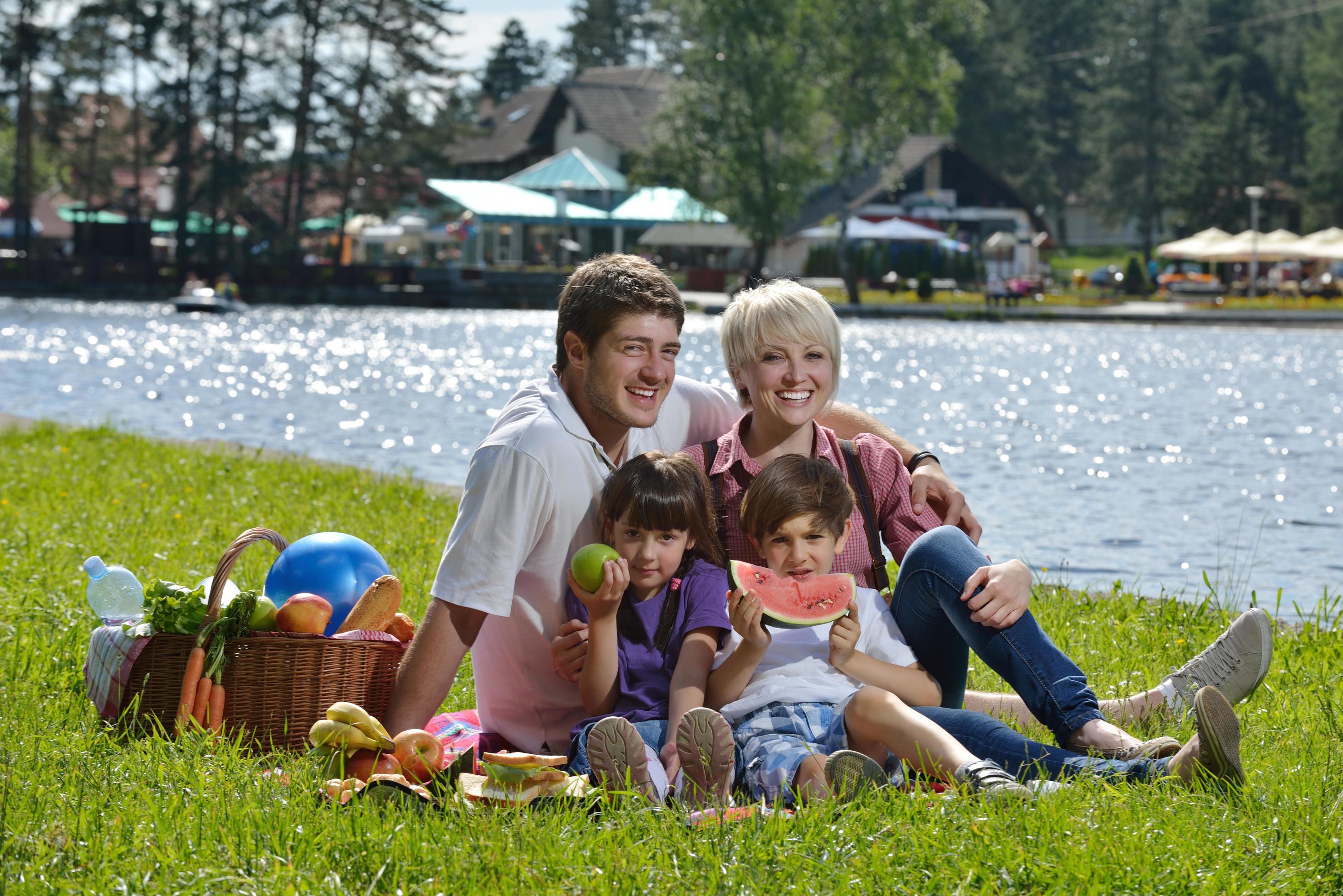 Happy family playing together in a picnic outdoors Stock Free