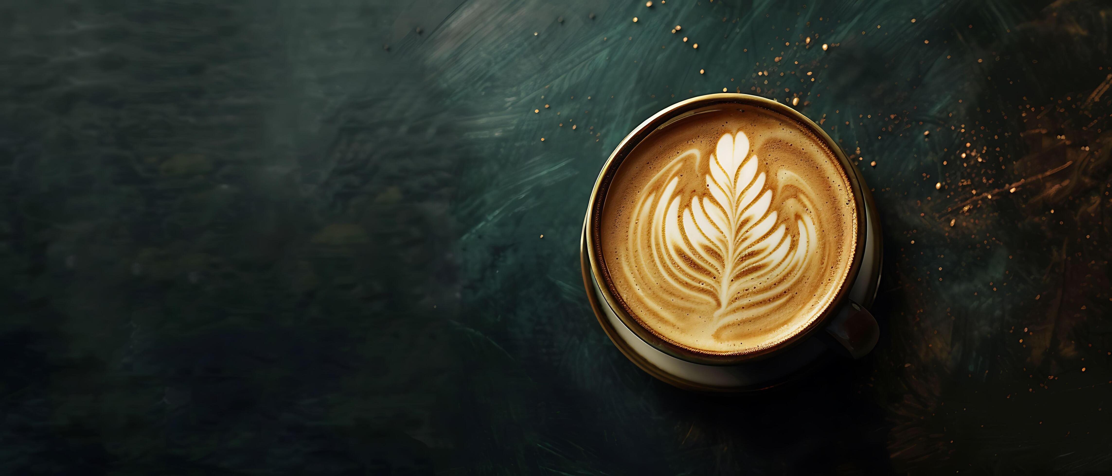 Rich and Creamy Latte Art in Coffee Cup on Dark Reflective Background with Copy Space for Branding or Text Stock Free