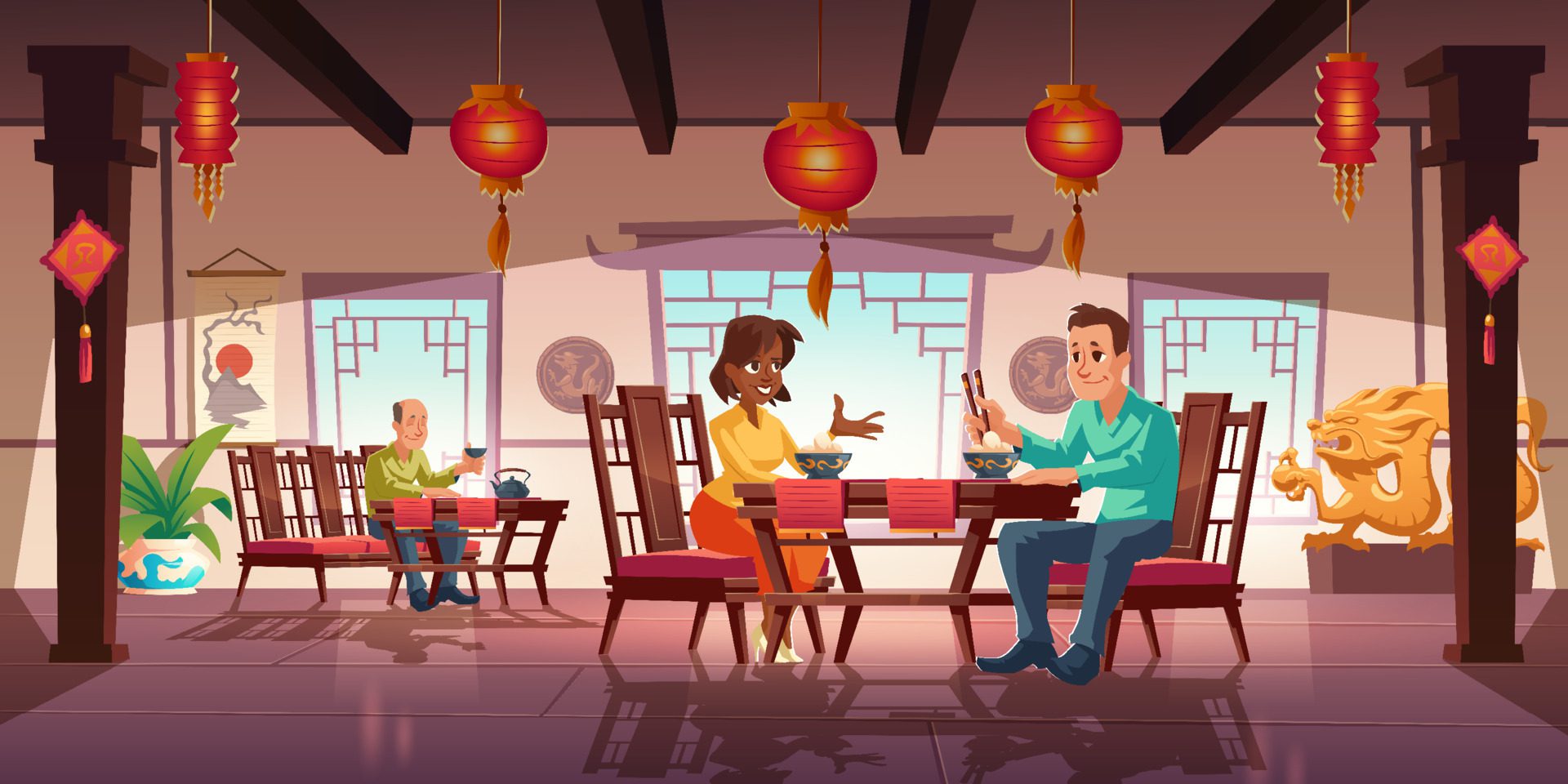 People dining in asian restaurant or cafeteria Free Vector