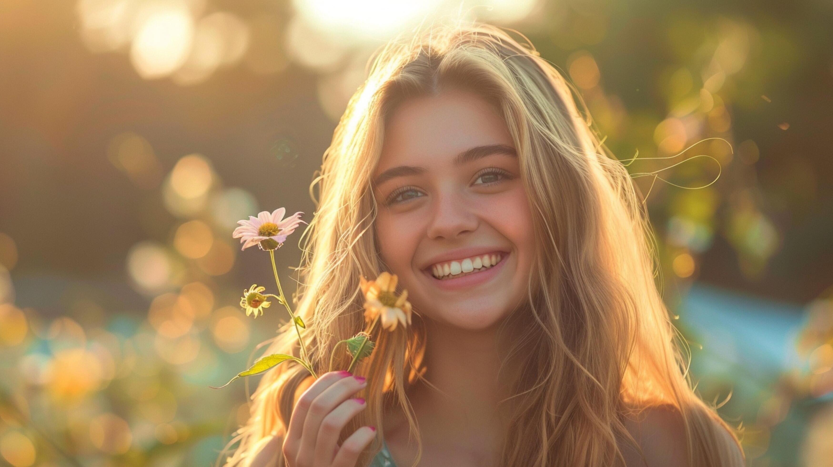 young woman with long blond hair smiling Stock Free