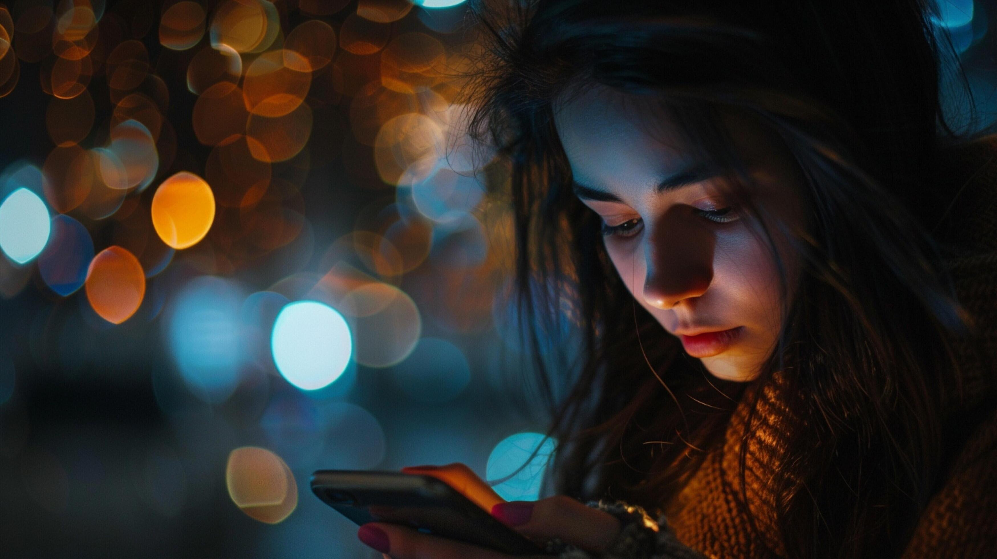 young woman illuminated night texting on phone Stock Free