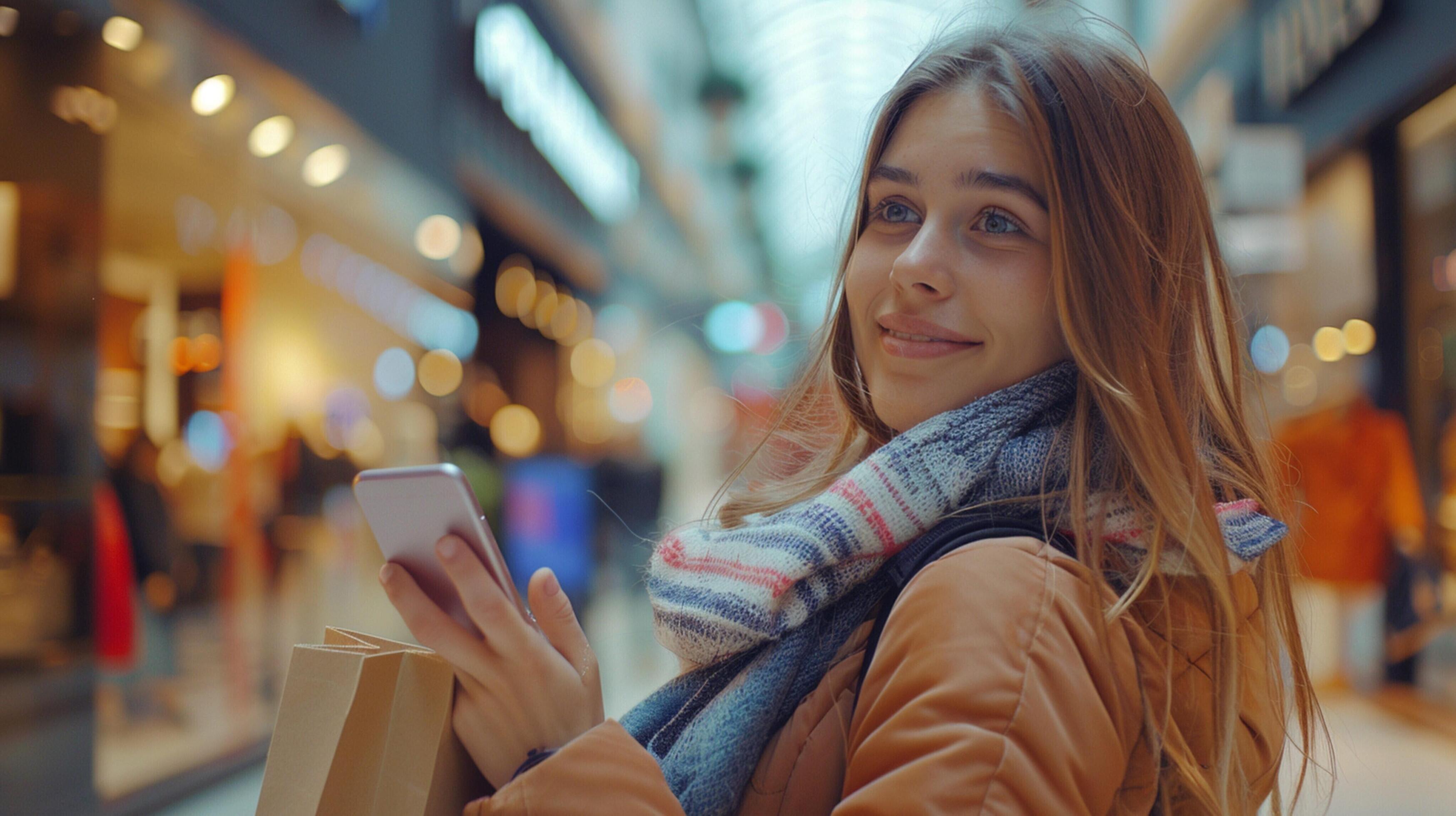 
									young woman holding phone shopping with satisfaction Stock Free