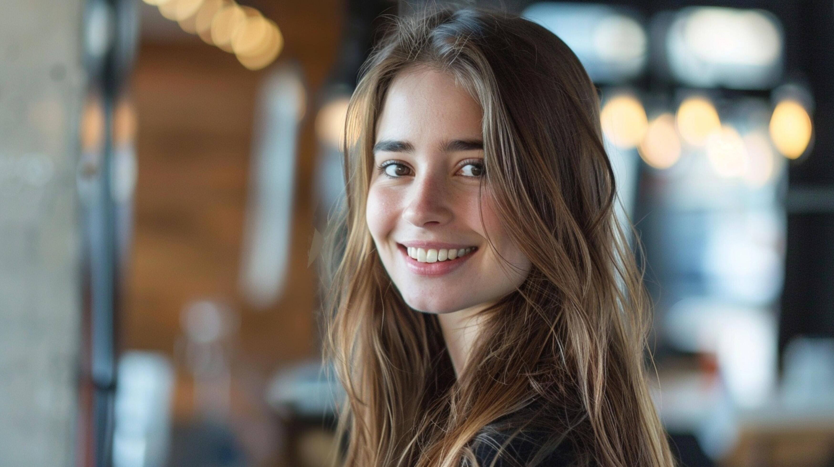 young woman with long brown hair smiling Stock Free