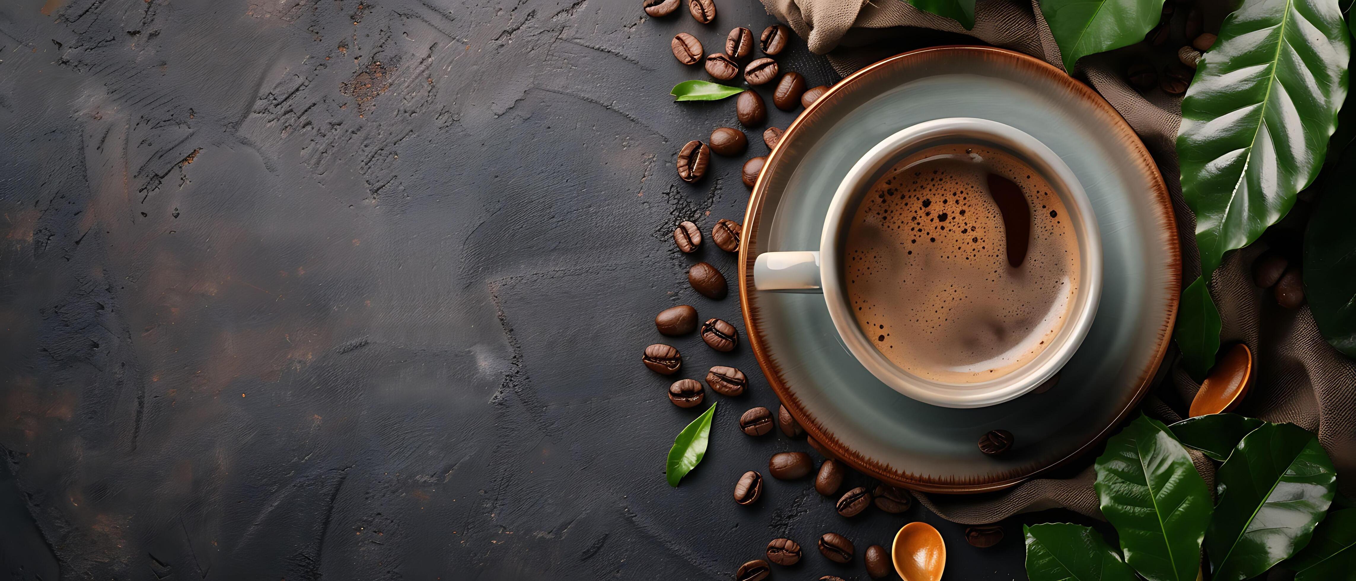 Cozy Vintage Coffee Cup and Saucer on Dark Stone Background with Scattered Beans and Leaves, Copy Space for Nostalgic Artisanal Atmosphere Stock Free