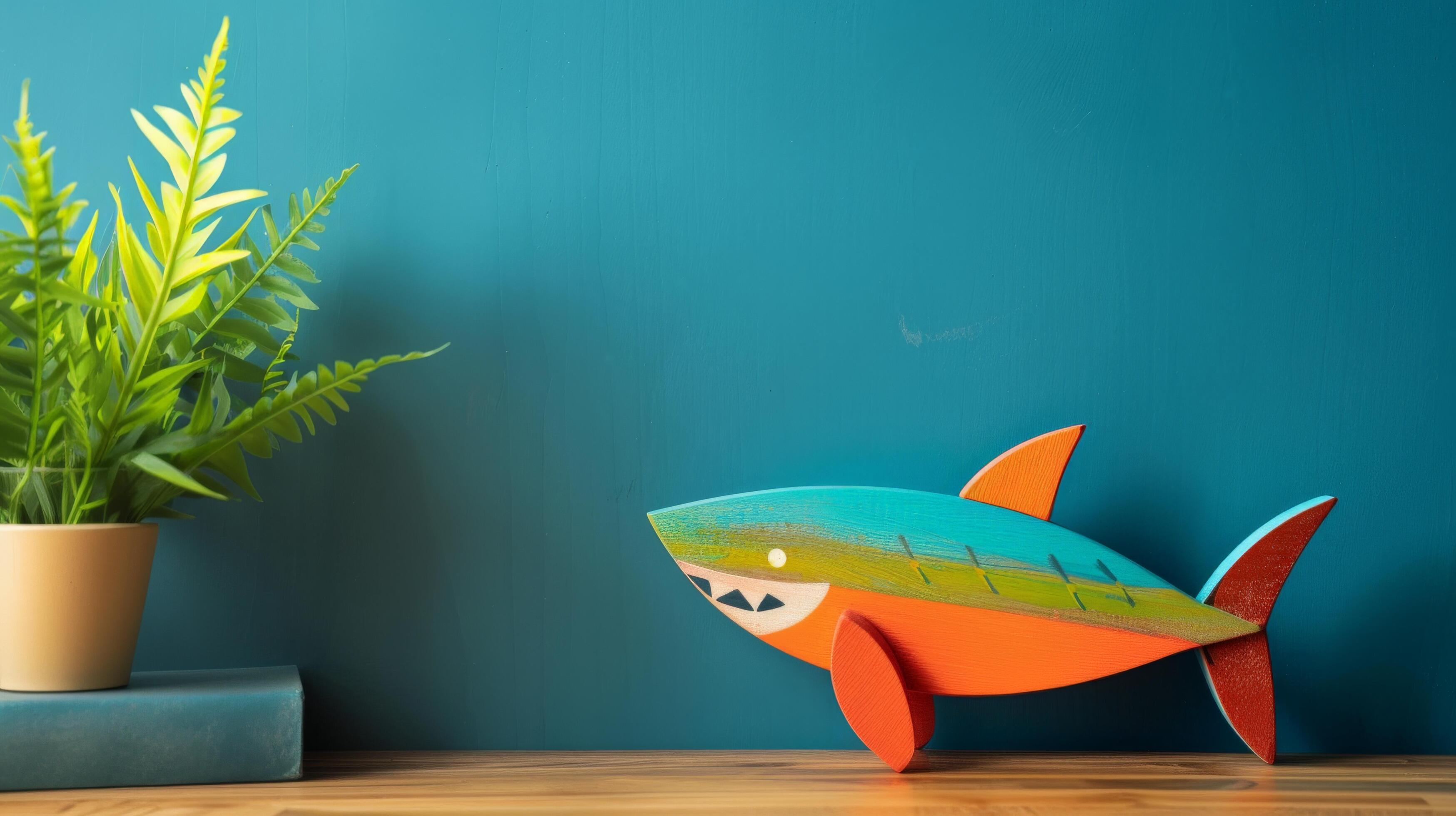 A vibrant wooden shark toy sits on a desk with a potted fern in the background Stock Free