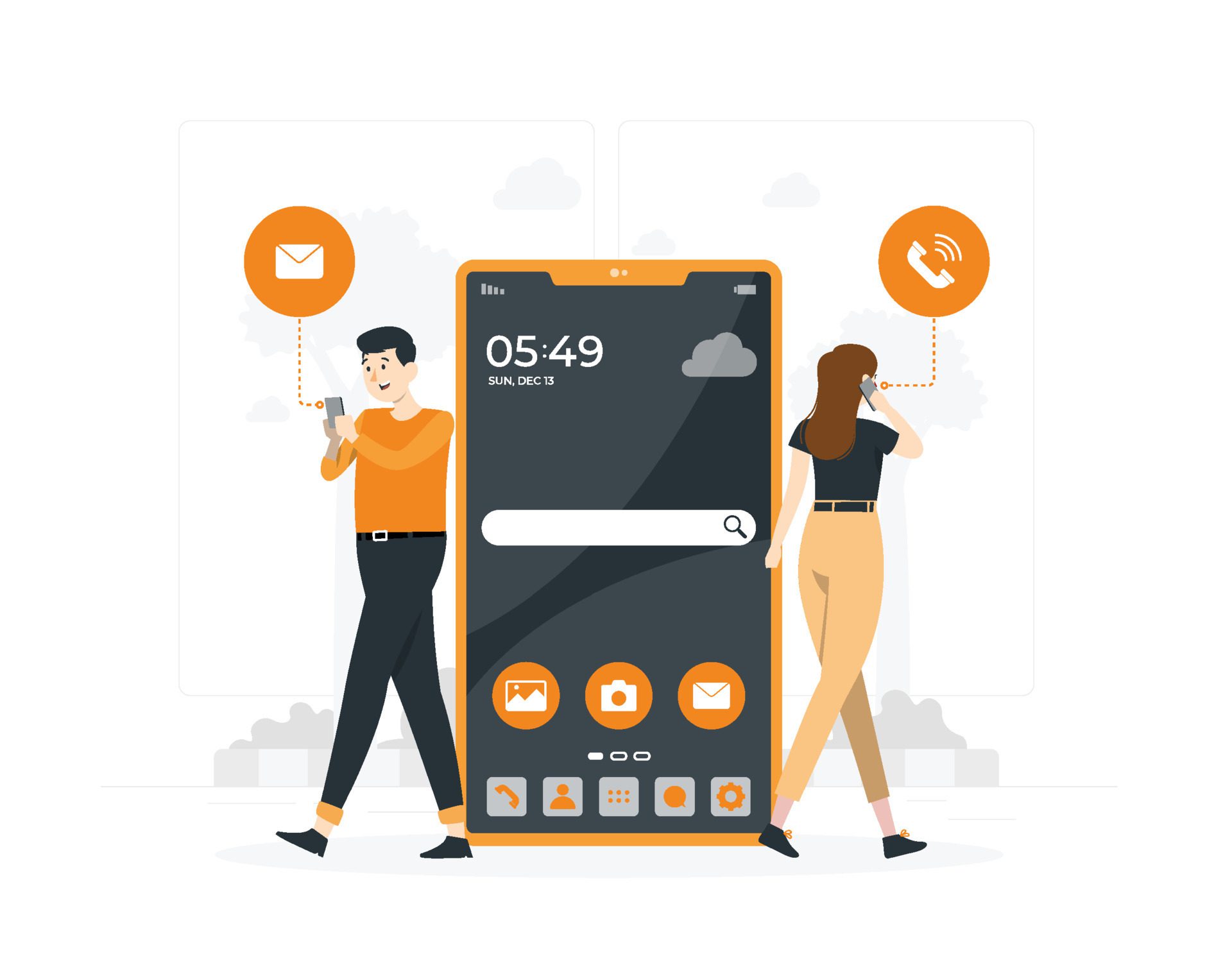 Man and woman hold mobile flat design Free Vector