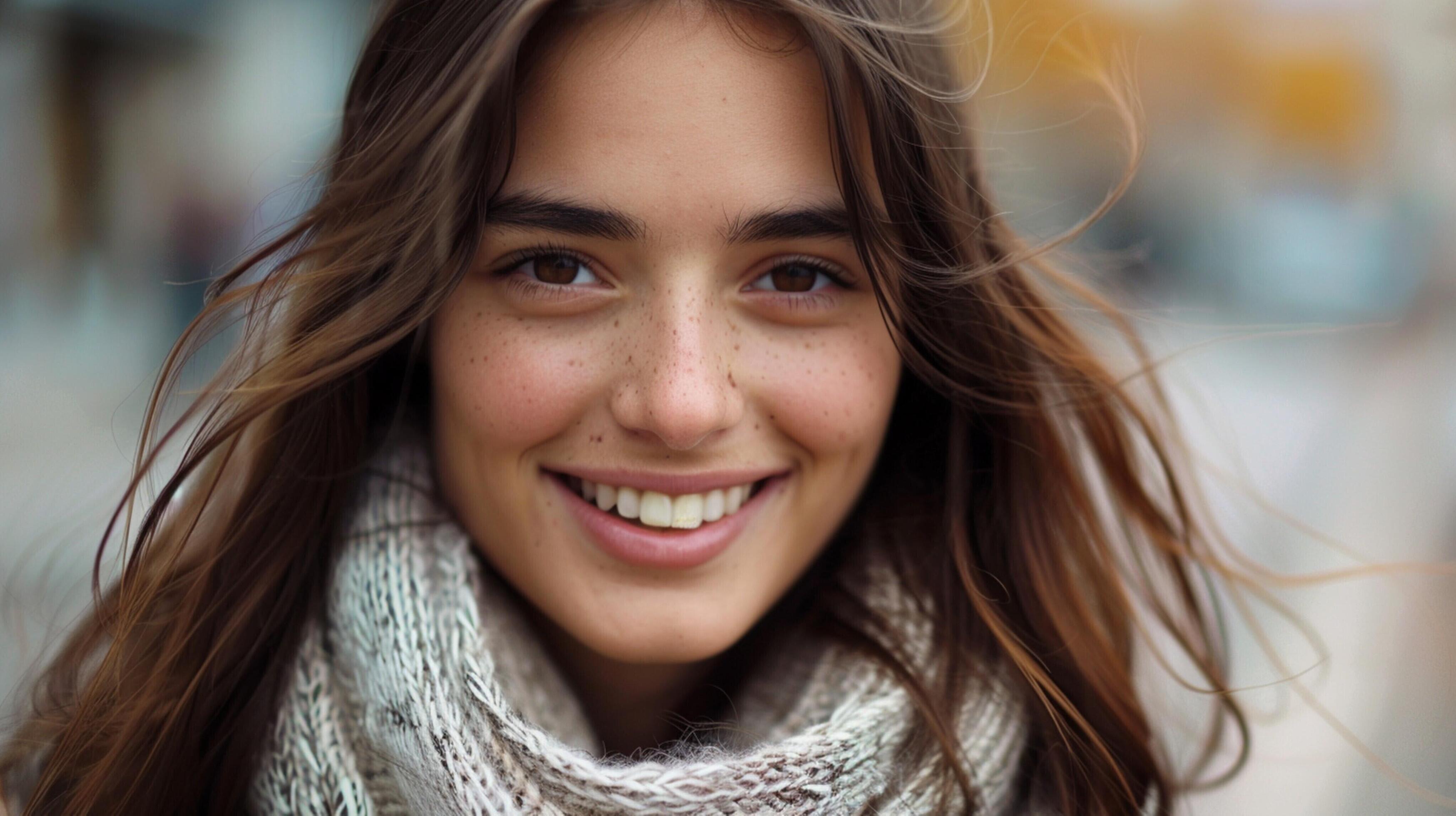 young woman with long brown hair smiling Stock Free