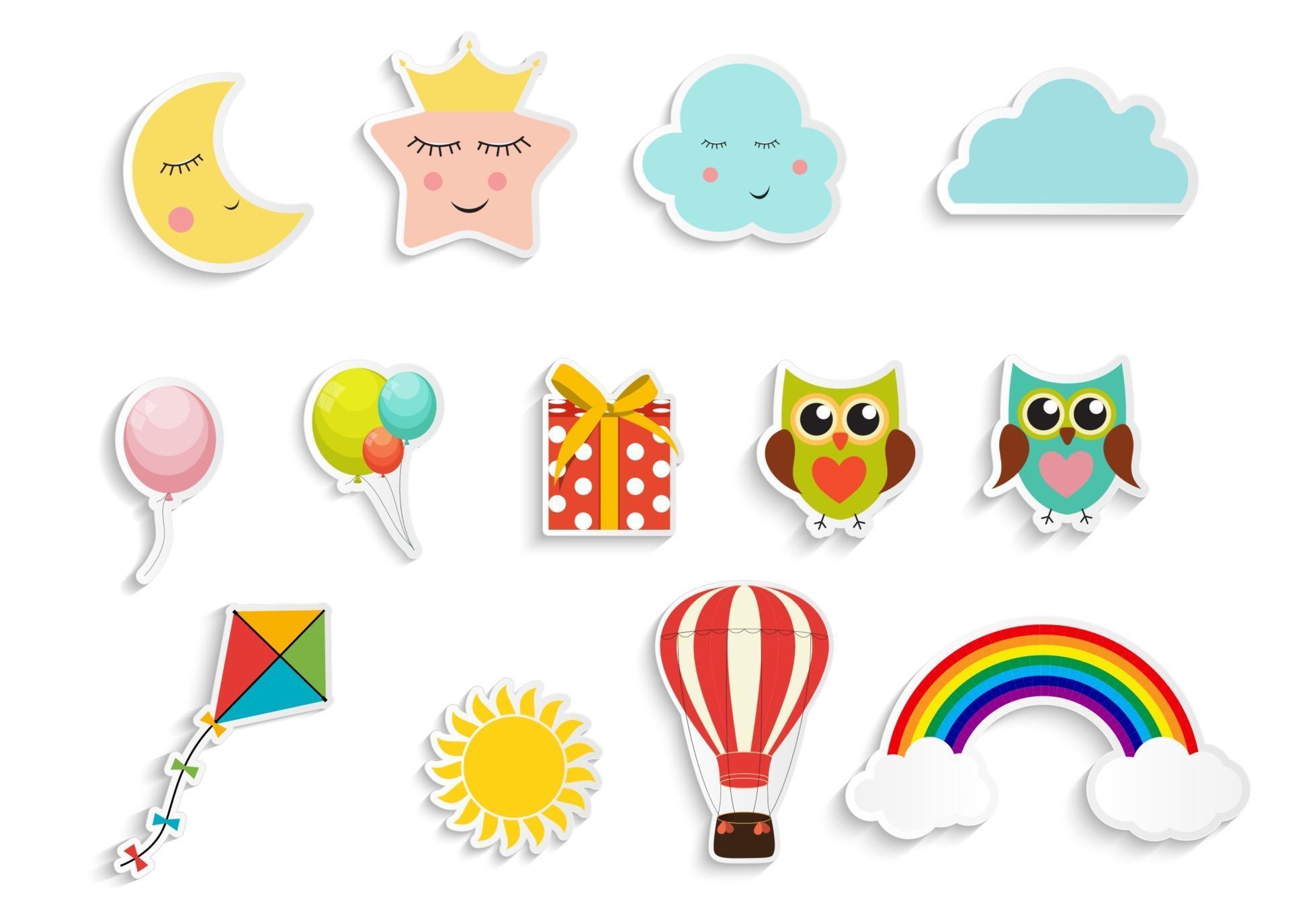 Children’s stickers with balloons gift box, owl, star, cloud and kite collection set Stock Free