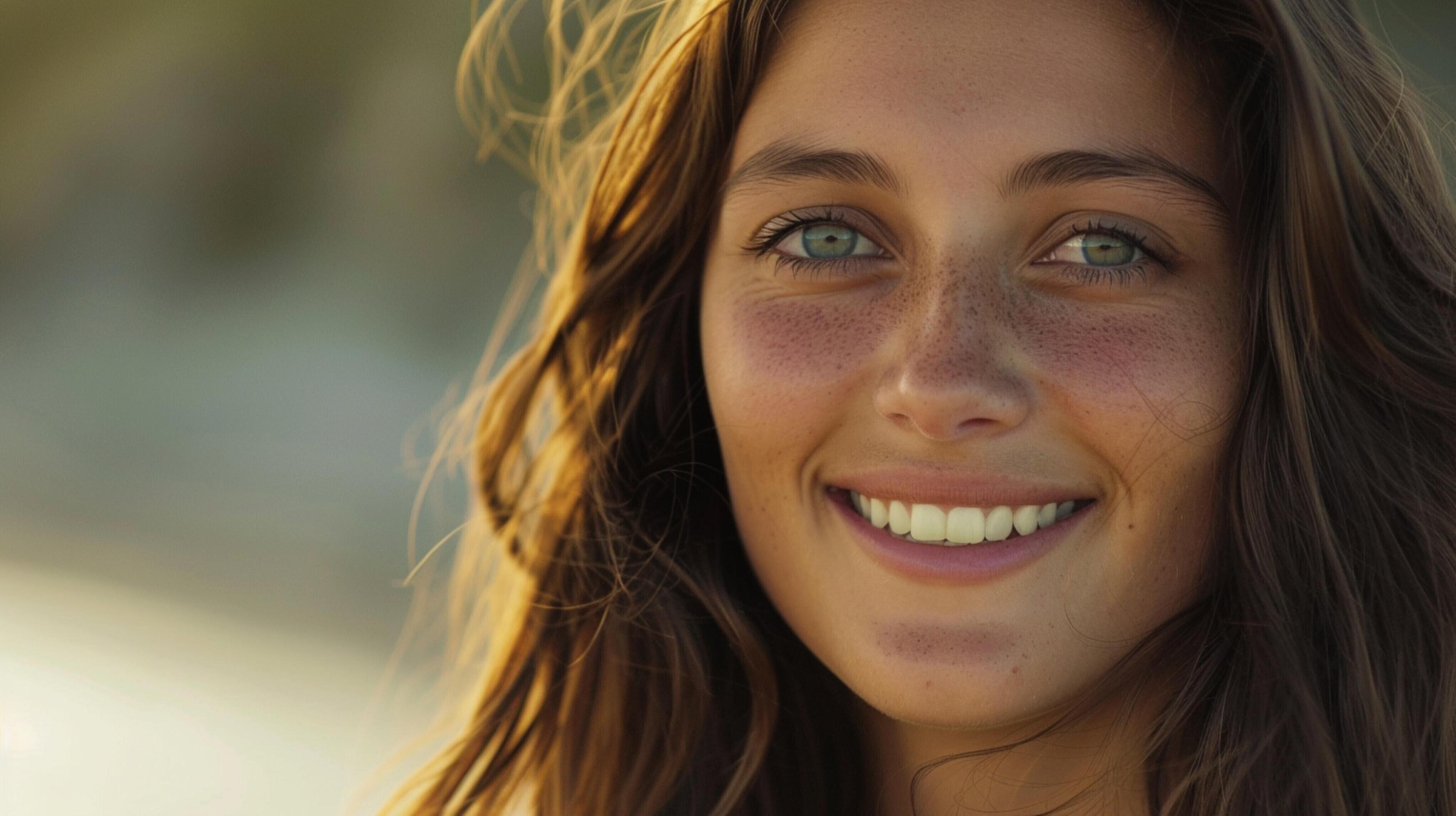 young woman with long brown hair smiling Stock Free