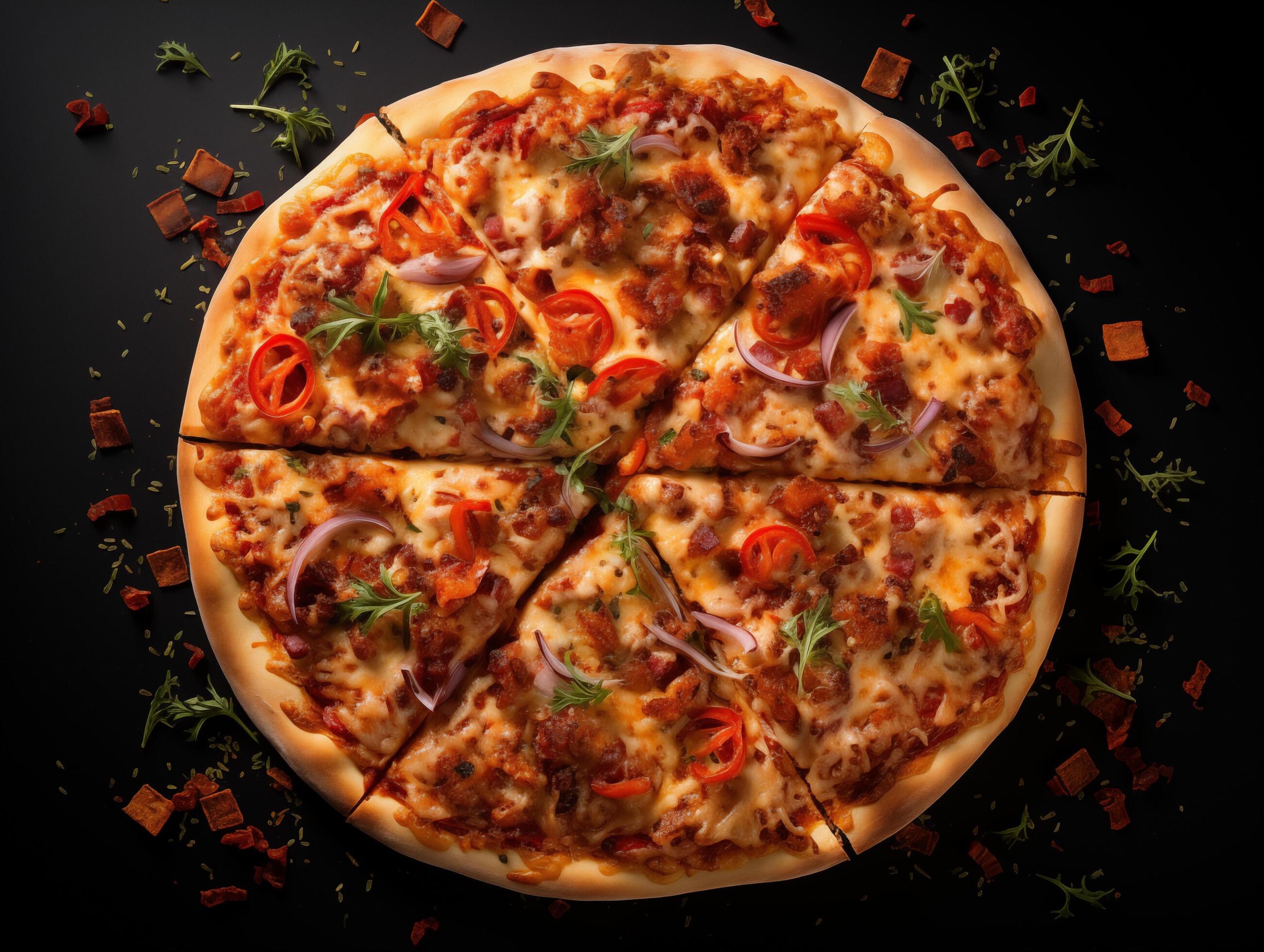 Top view of pizza isolated on black background. Photo for restaurant menu, advertising, delivery, banner Stock Free