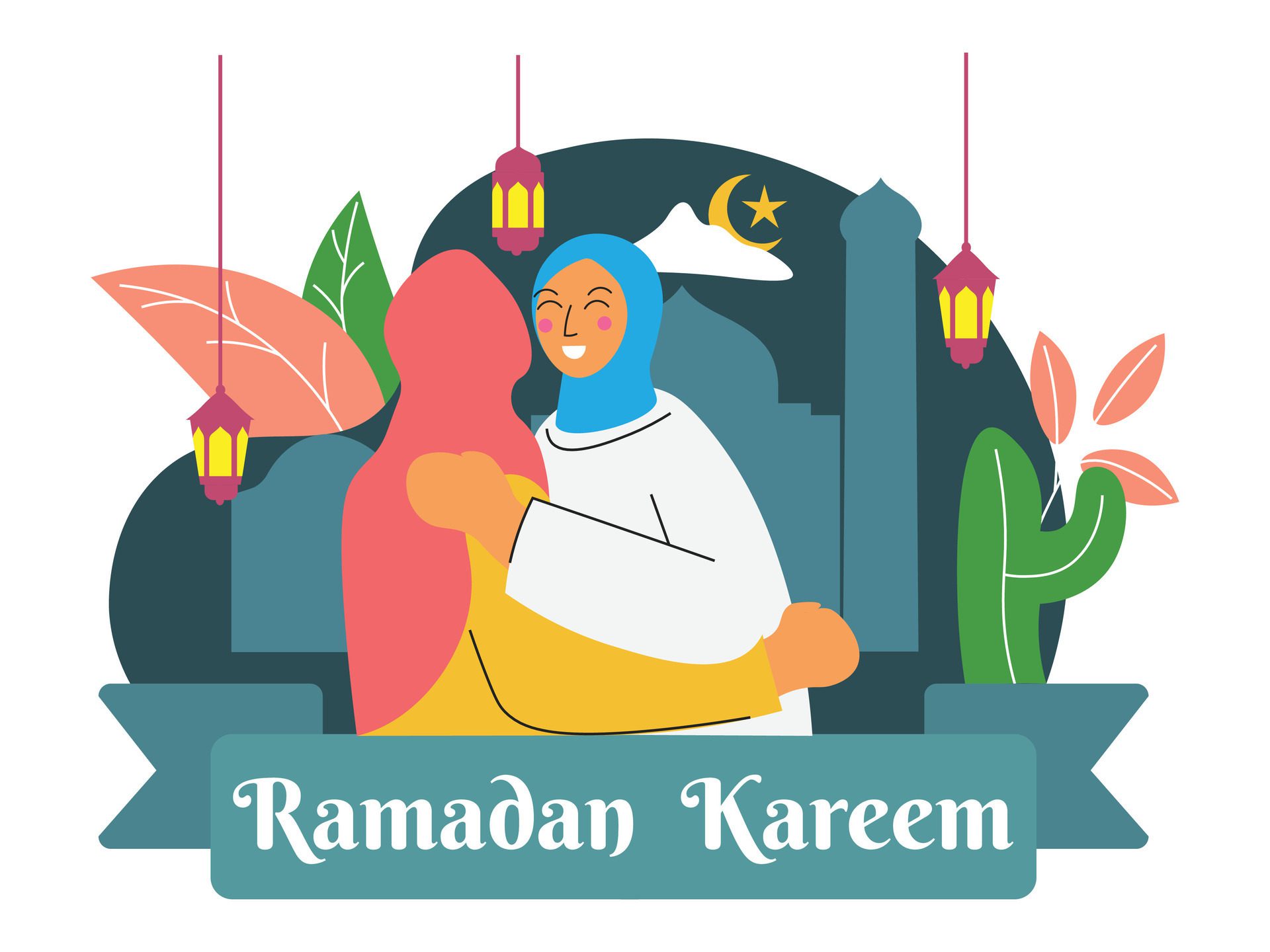 Flat design illustration ramadan kareem. Muslim people celebrating ramadan Free Vector