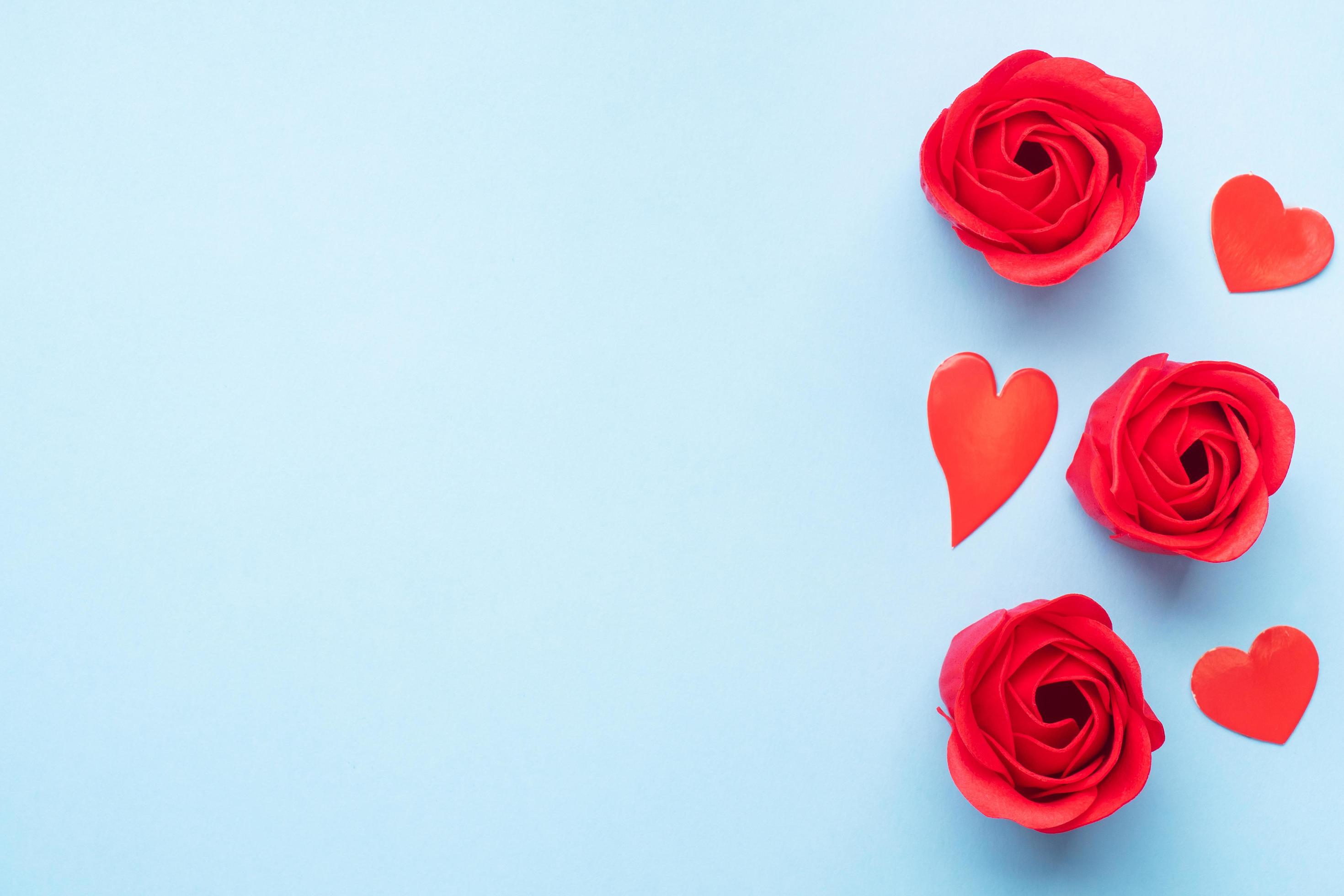 Handmade soap in the shape of a rose, red rose flower on a blue background. Top view, minimalist, copy space. Stock Free