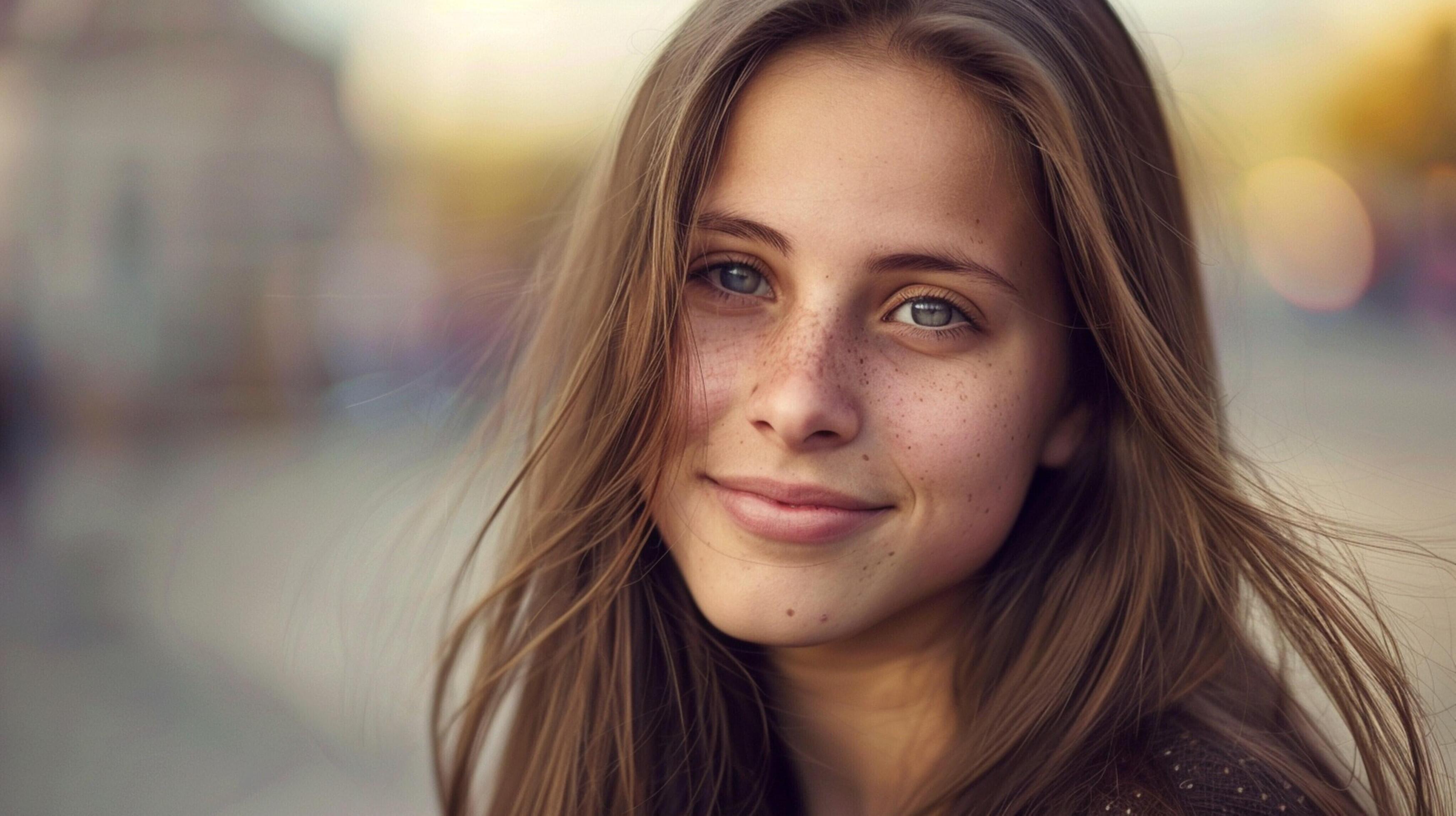 young woman with long brown hair smiling Stock Free