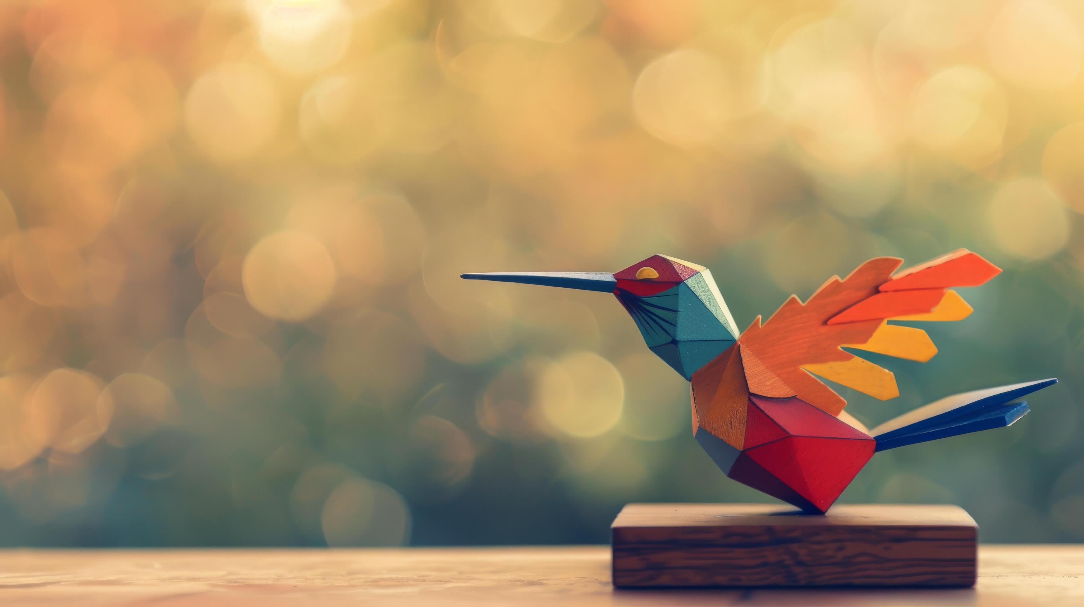 A colorful wooden hummingbird toy sits on a desk, with a bokeh background Stock Free