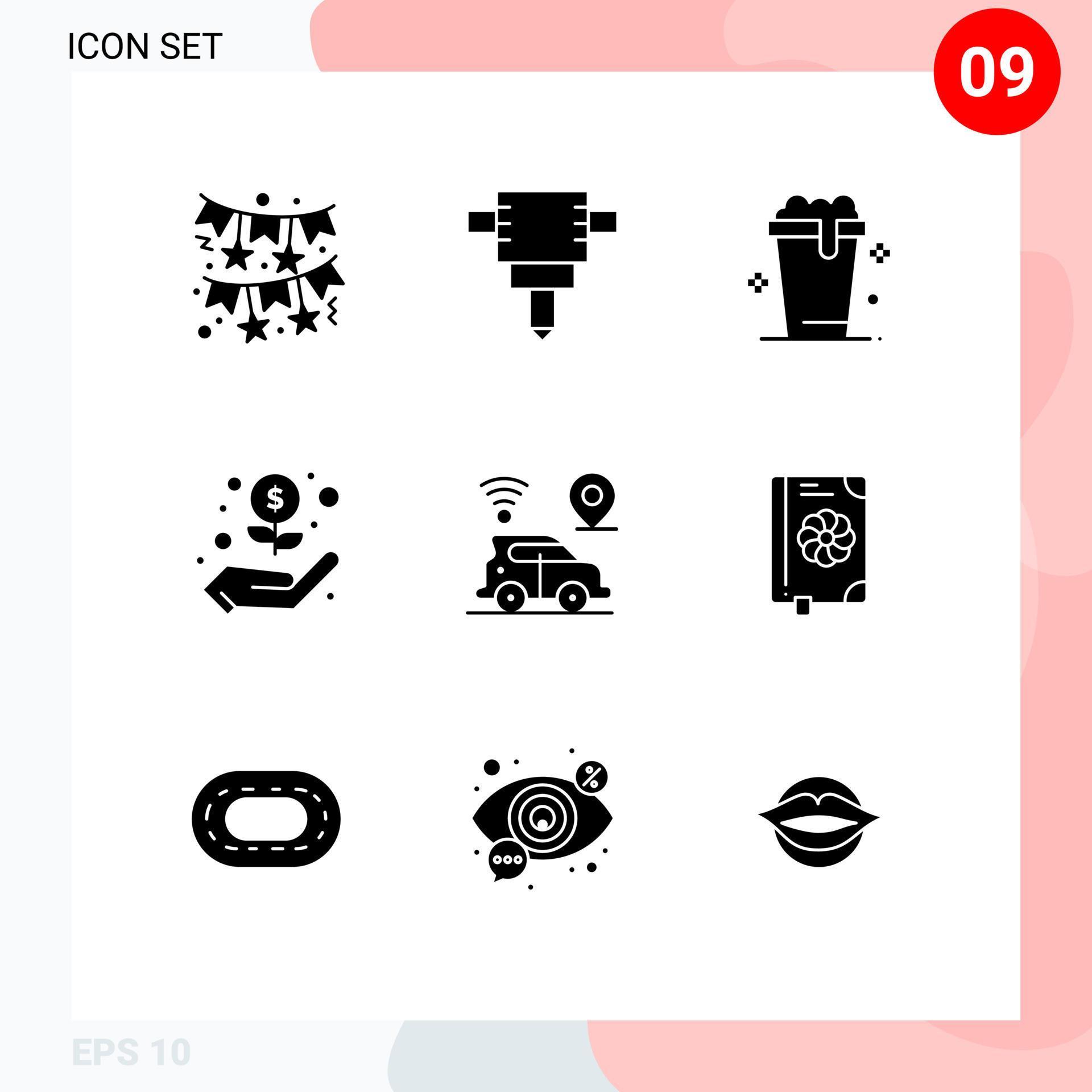 User Interface Pack of 9 Basic Solid Glyphs of flower technology cleaning map car Editable Vector Design Elements Stock Free