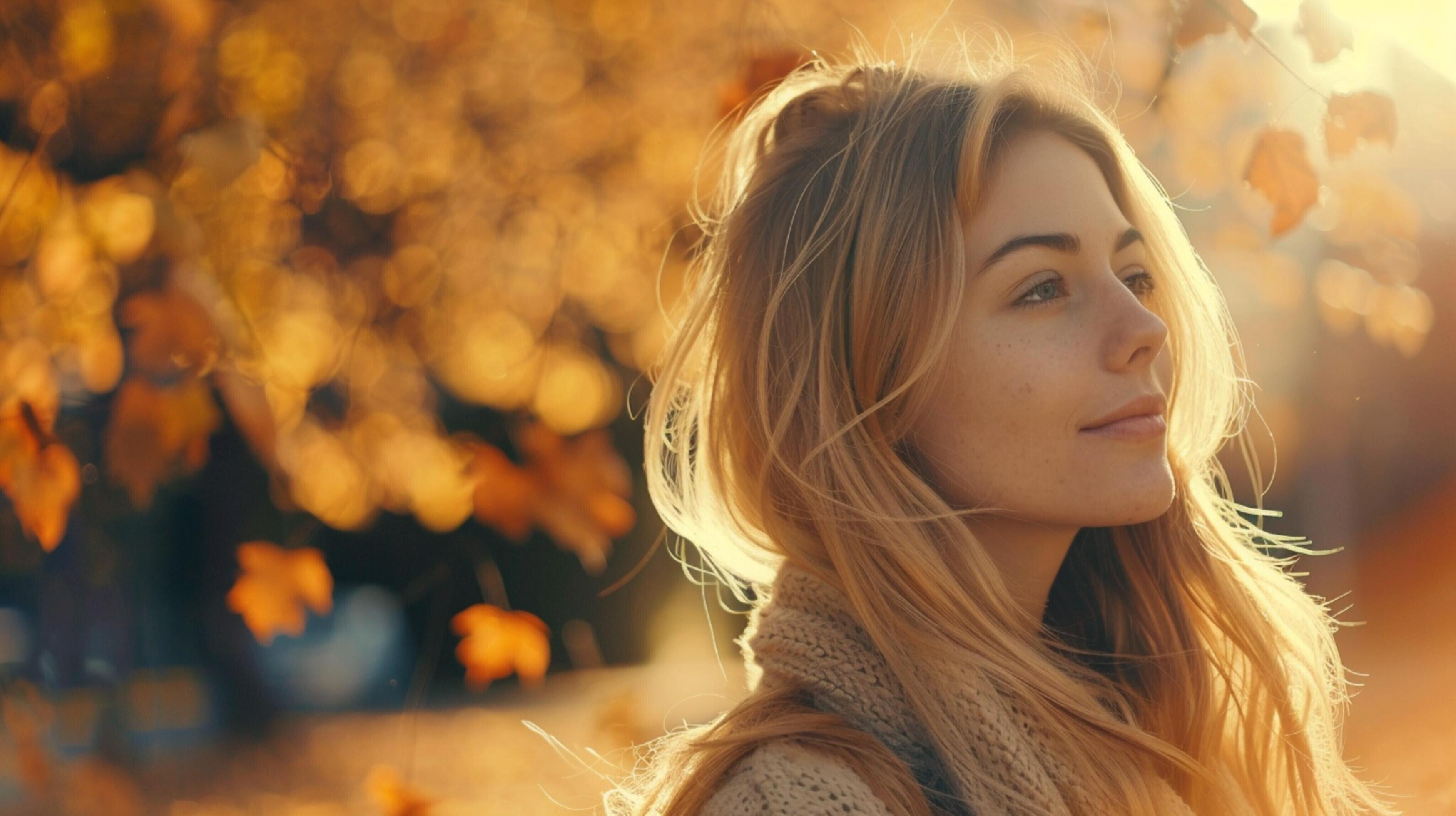 young woman with long blond hair enjoying autumn Stock Free