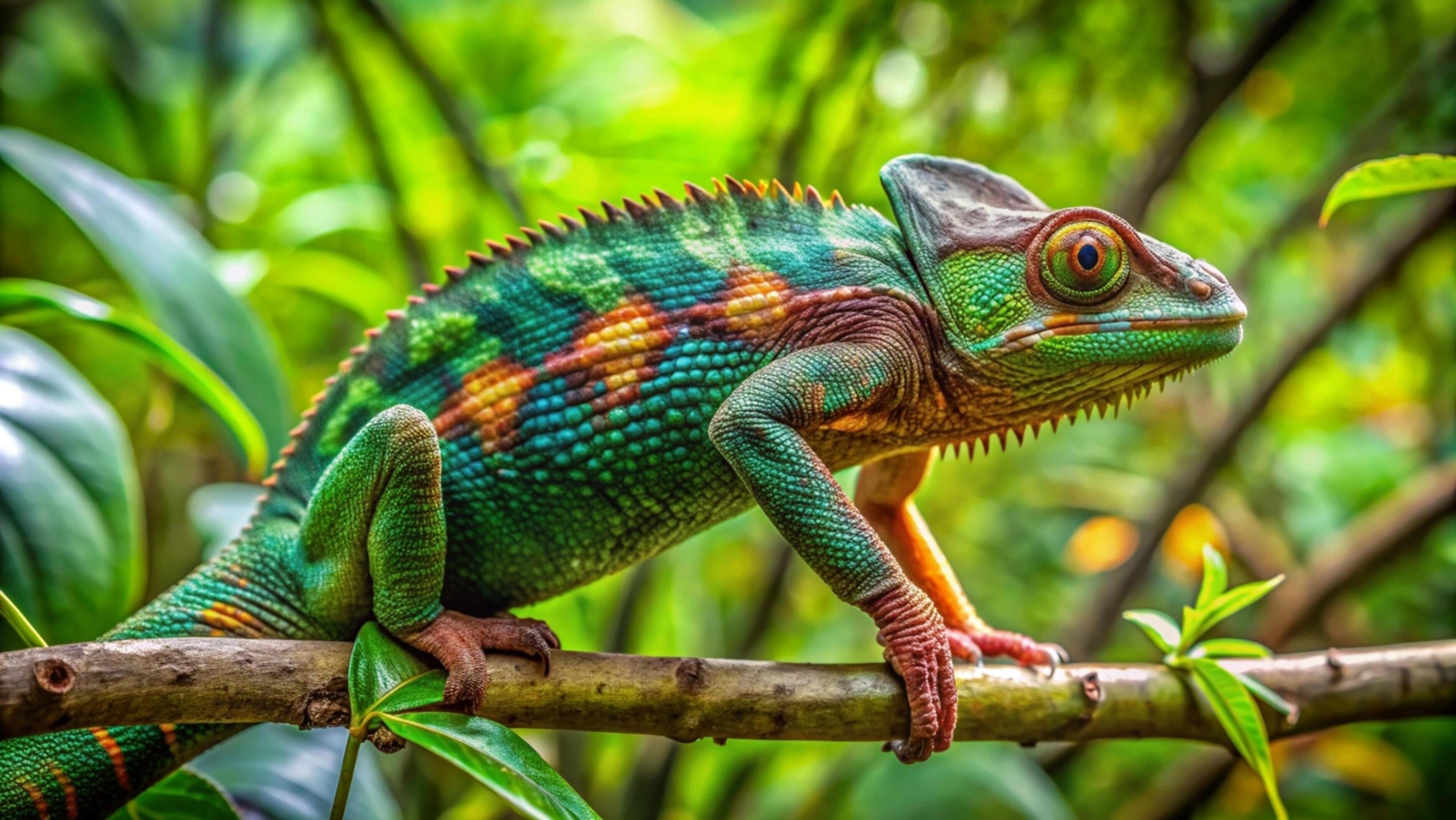 A vibrant chameleon camouflaging against a lush green forest background. Stock Free