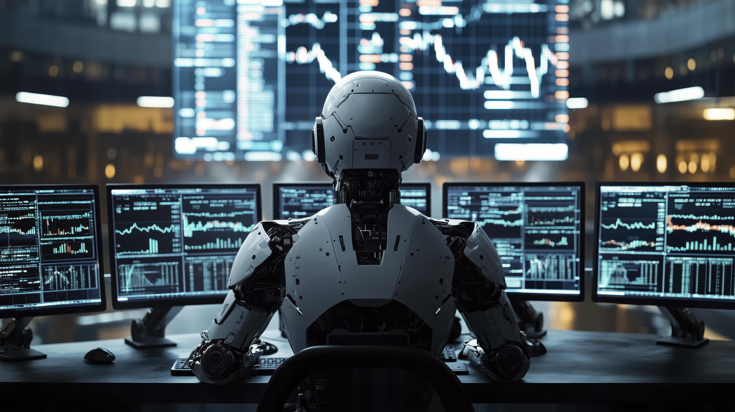 Ai robot stock trader sits at his desk, monitoring multiple screens displaying charts and data Free Photo