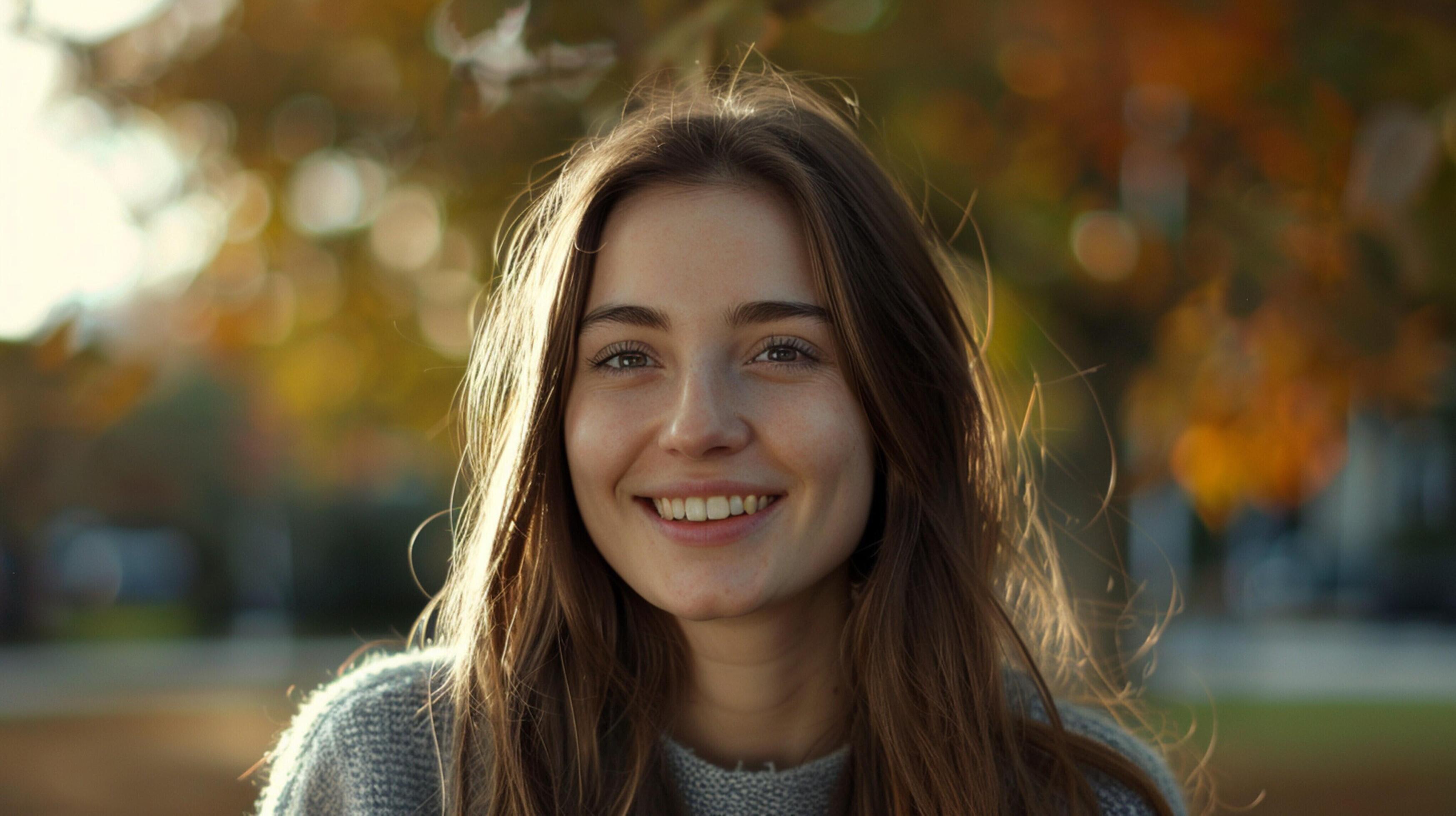 young woman with long brown hair smiling Stock Free