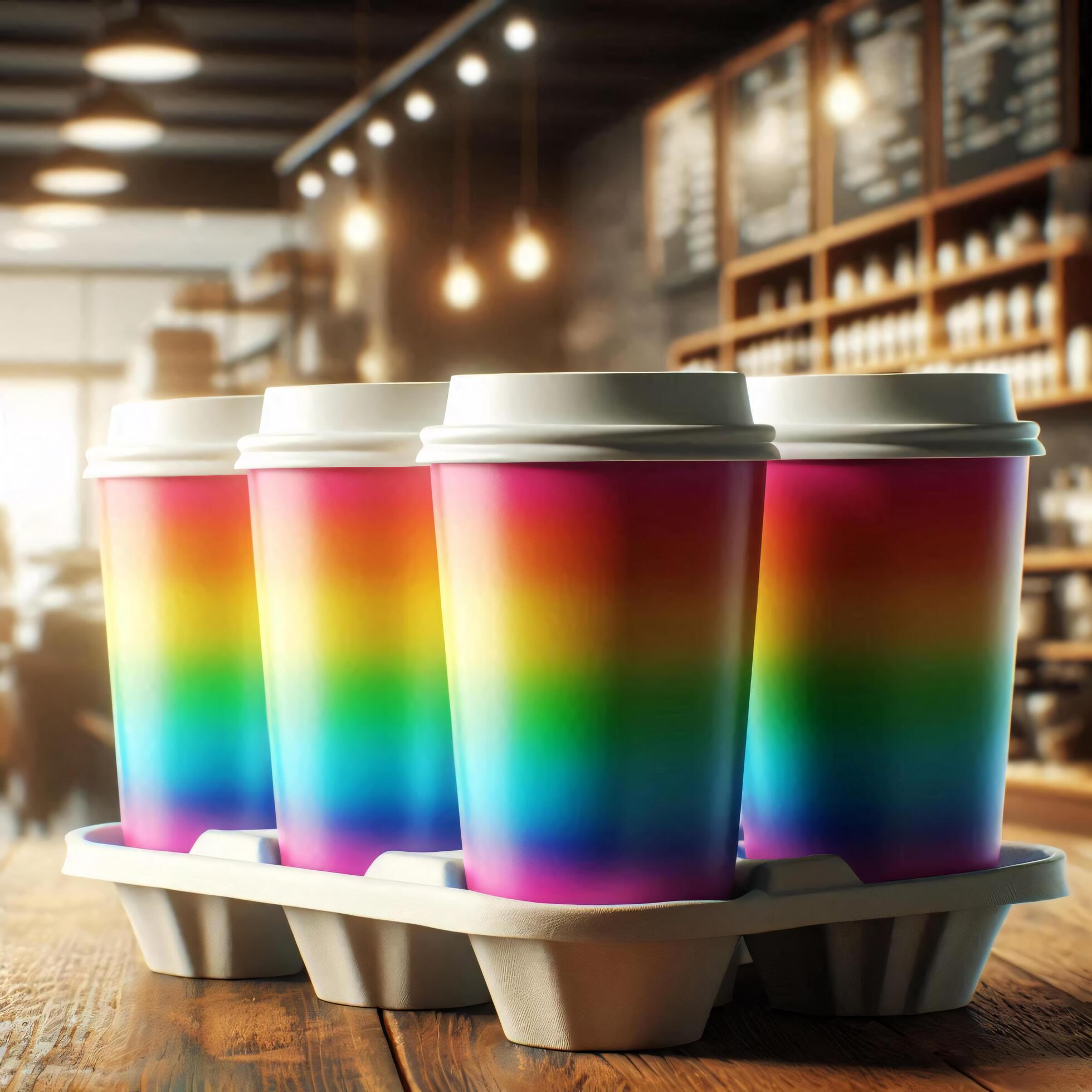 Colorful Takeaway Cups in a Carrier with a Blurred Coffee Shop Background for Mockup and Branding Use Stock Free