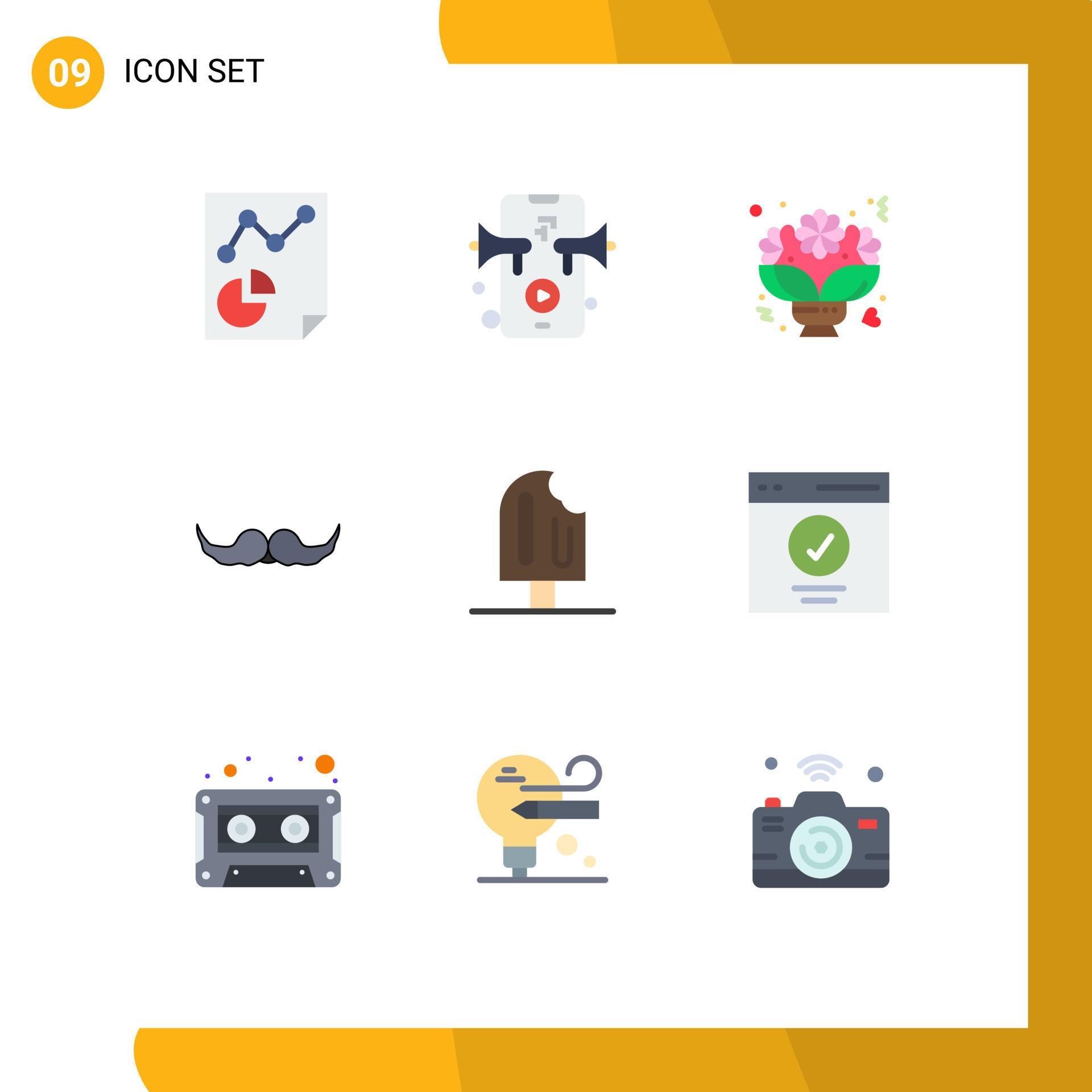 Pictogram Set of 9 Simple Flat Colors of beach male flower movember moustache Editable Vector Design Elements Stock Free