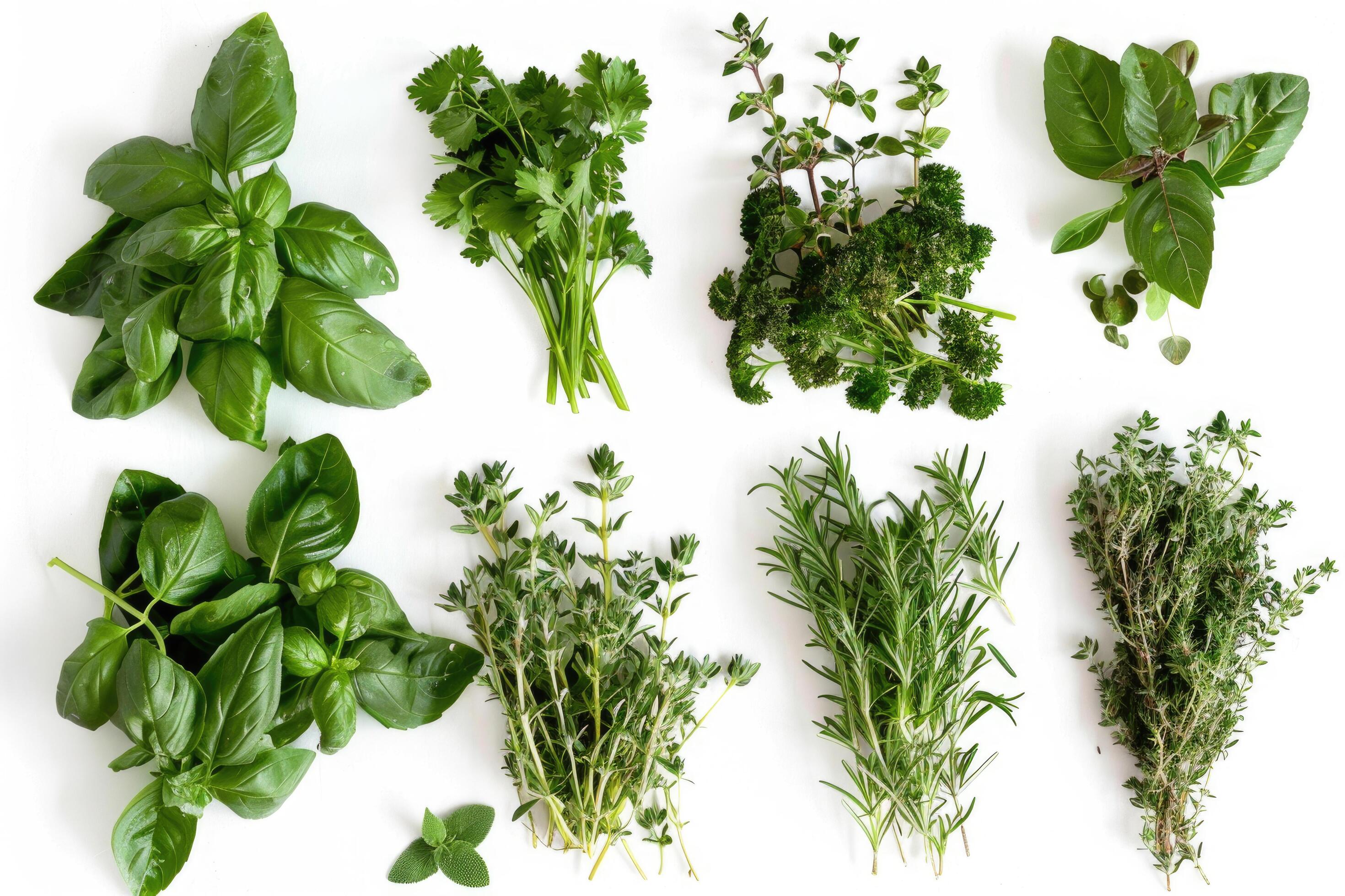 A collection of fresh herbs neatly placed on a white background Stock Free