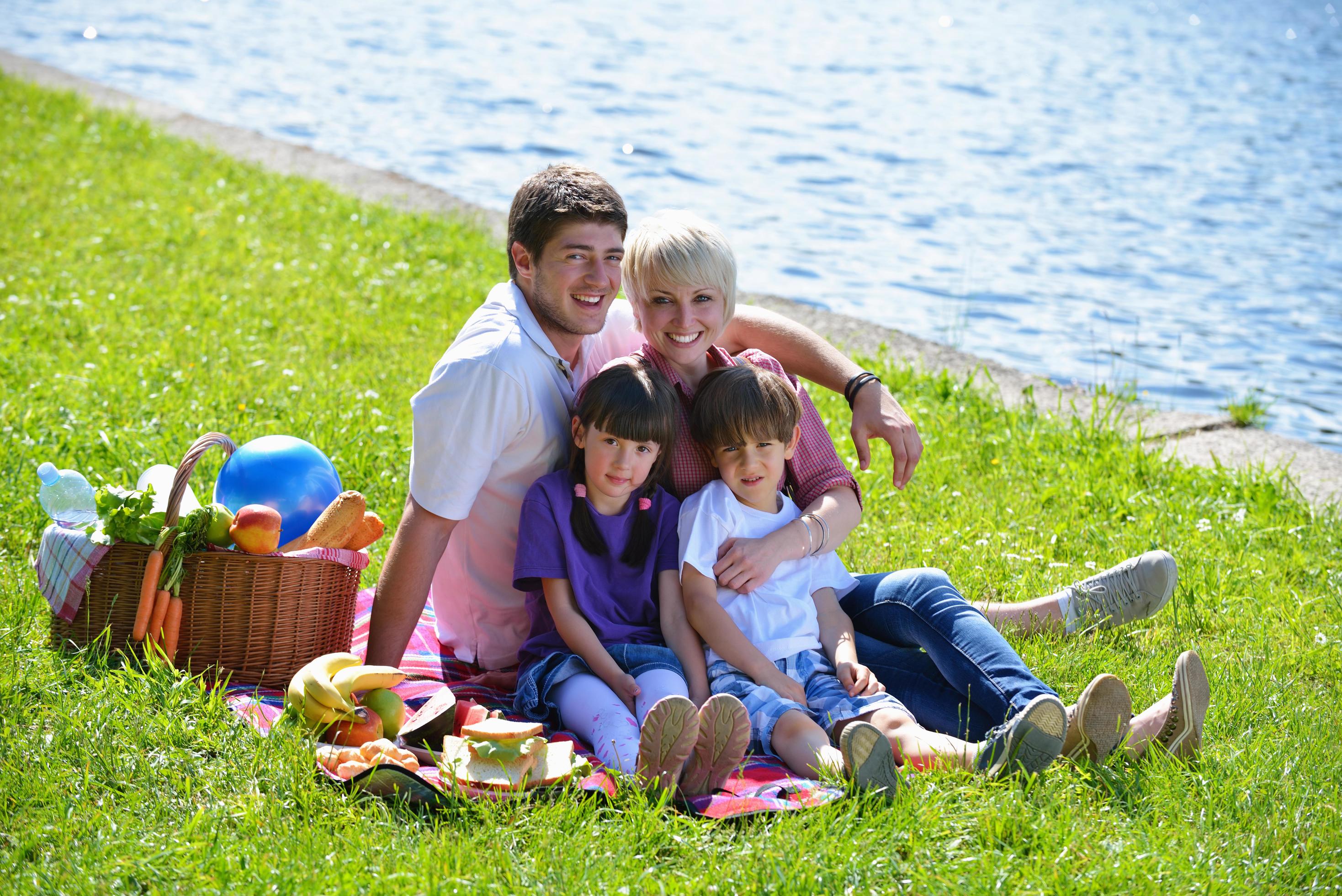 Happy family playing together in a picnic outdoors Stock Free