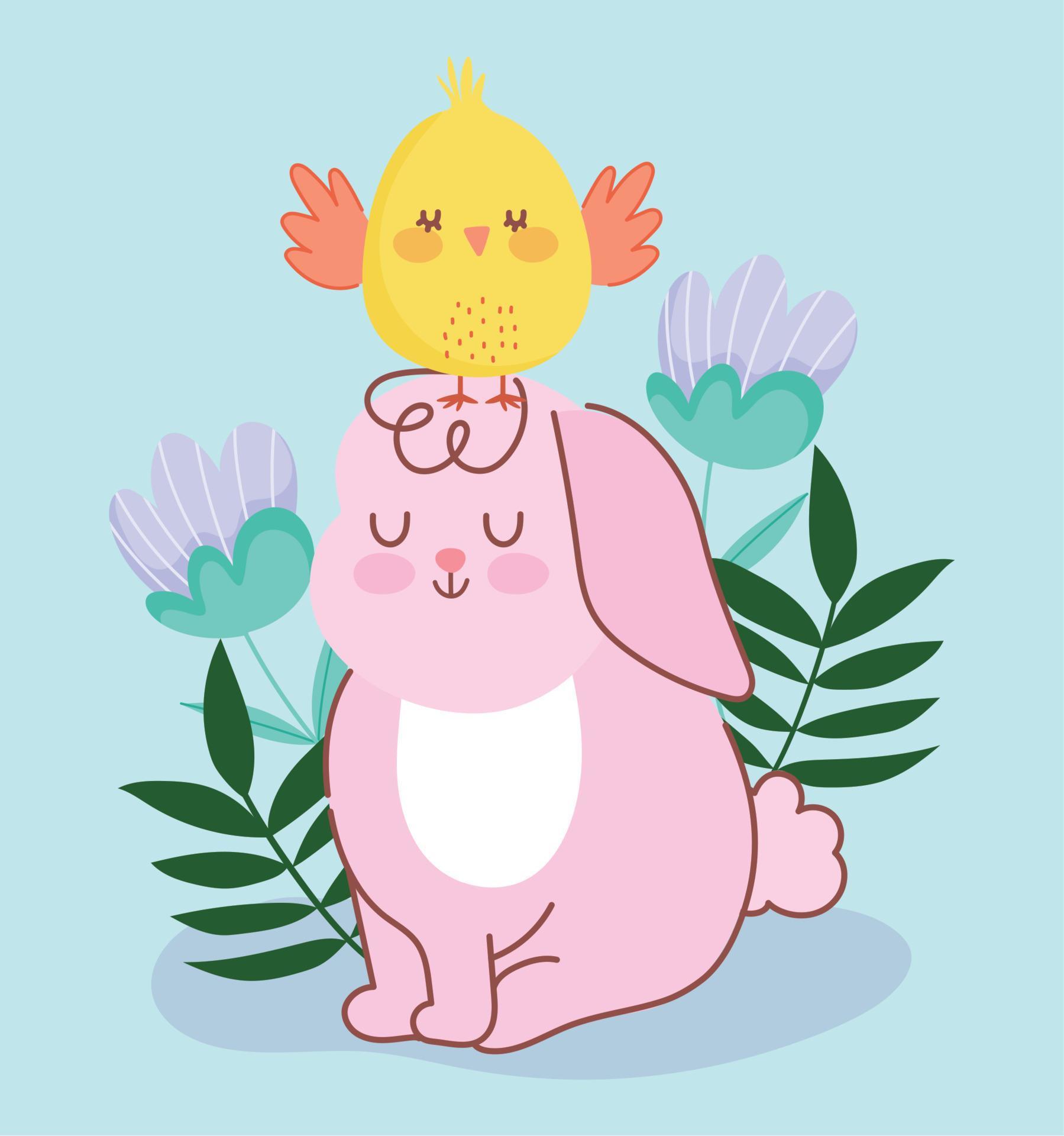 happy easter pink rabbit sitting with chicken in head flowers decoration Stock Free