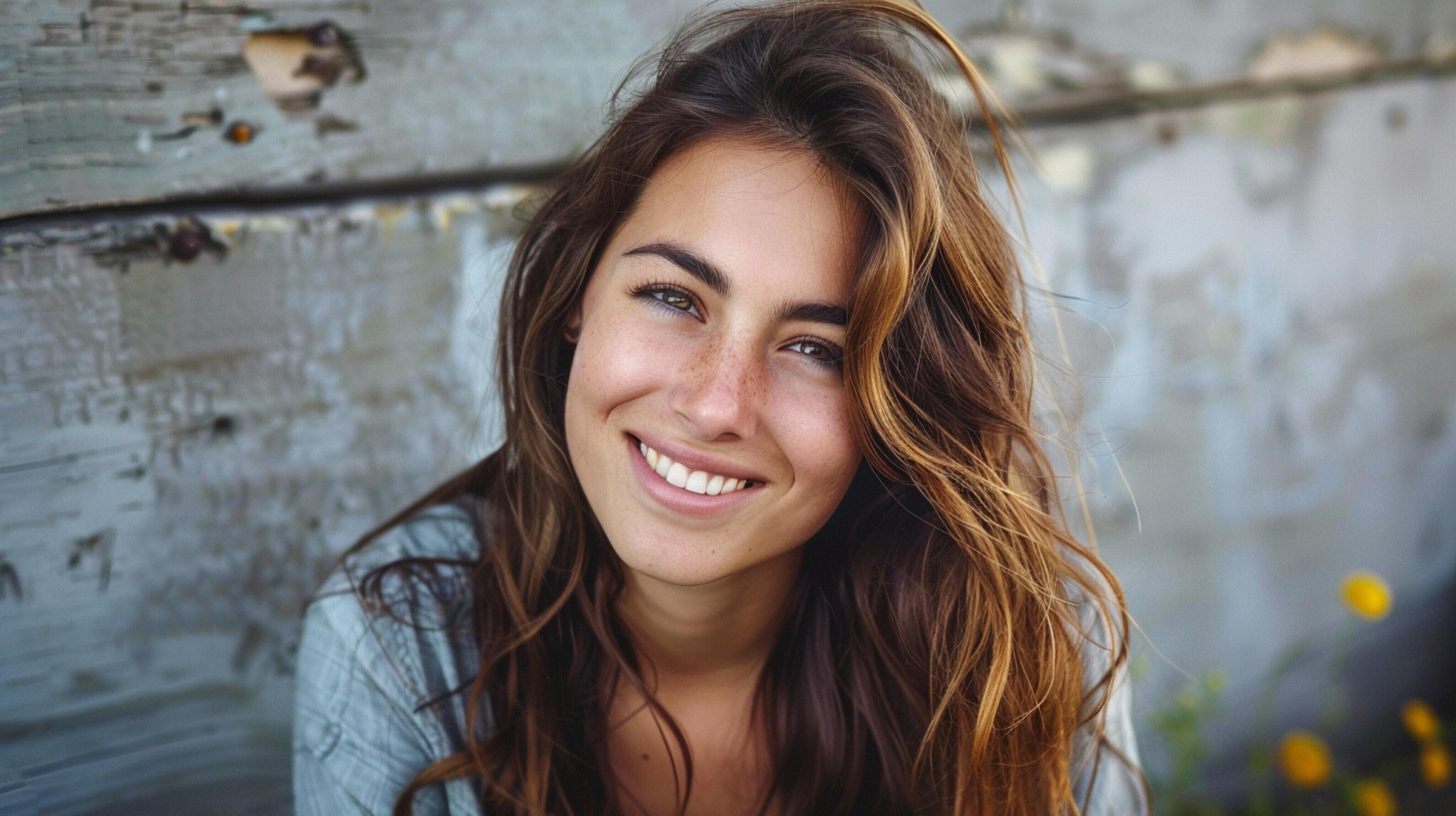 young woman with long brown hair smiling Stock Free