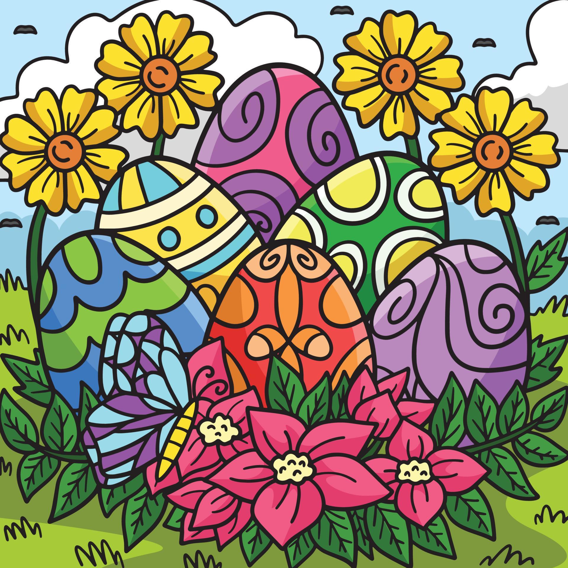 Easter Eggs with Flowers Colored Cartoon Stock Free