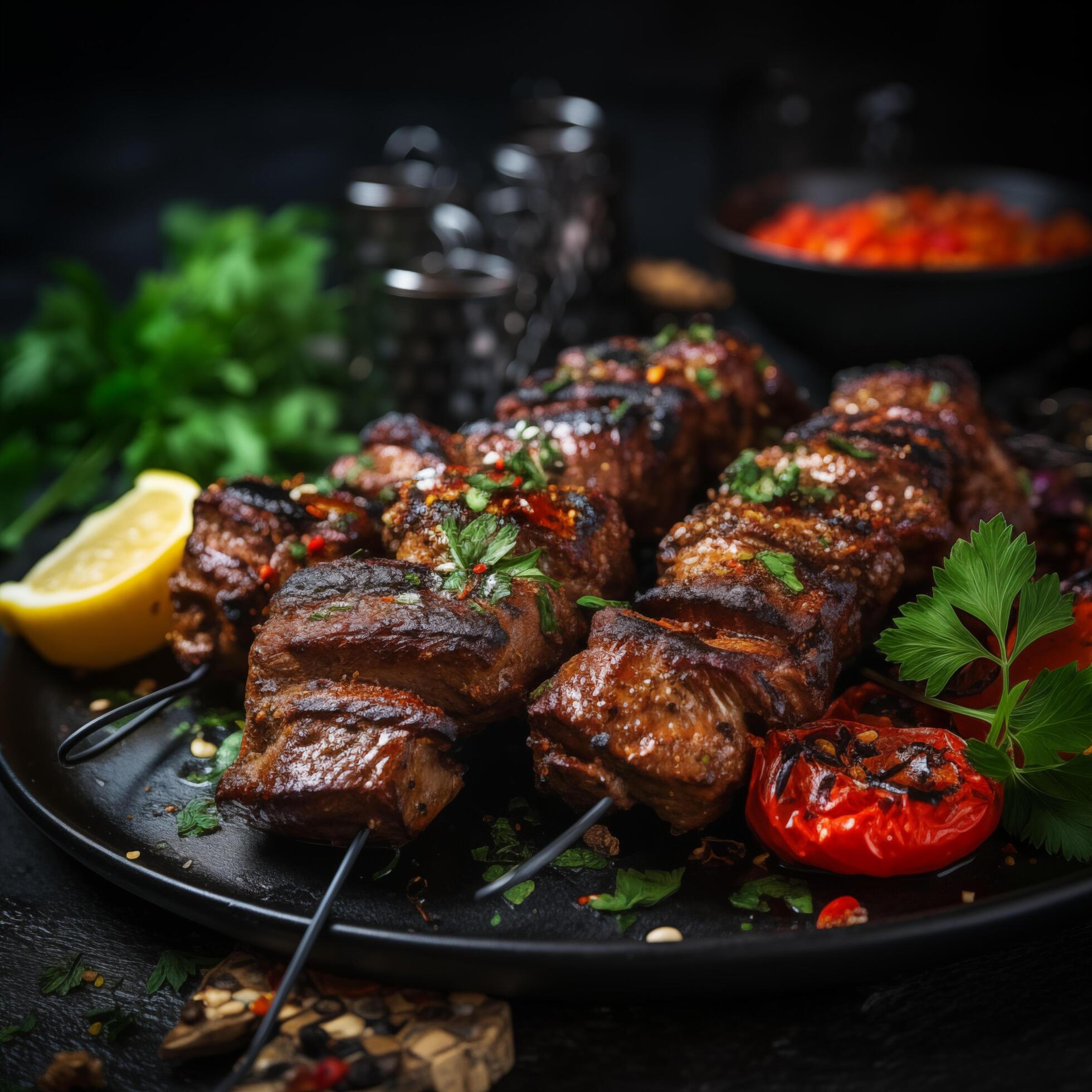 Photo of Grilled meat skewers shish kebab on black background. Photo for restaurant, menu, advertising, banner Stock Free