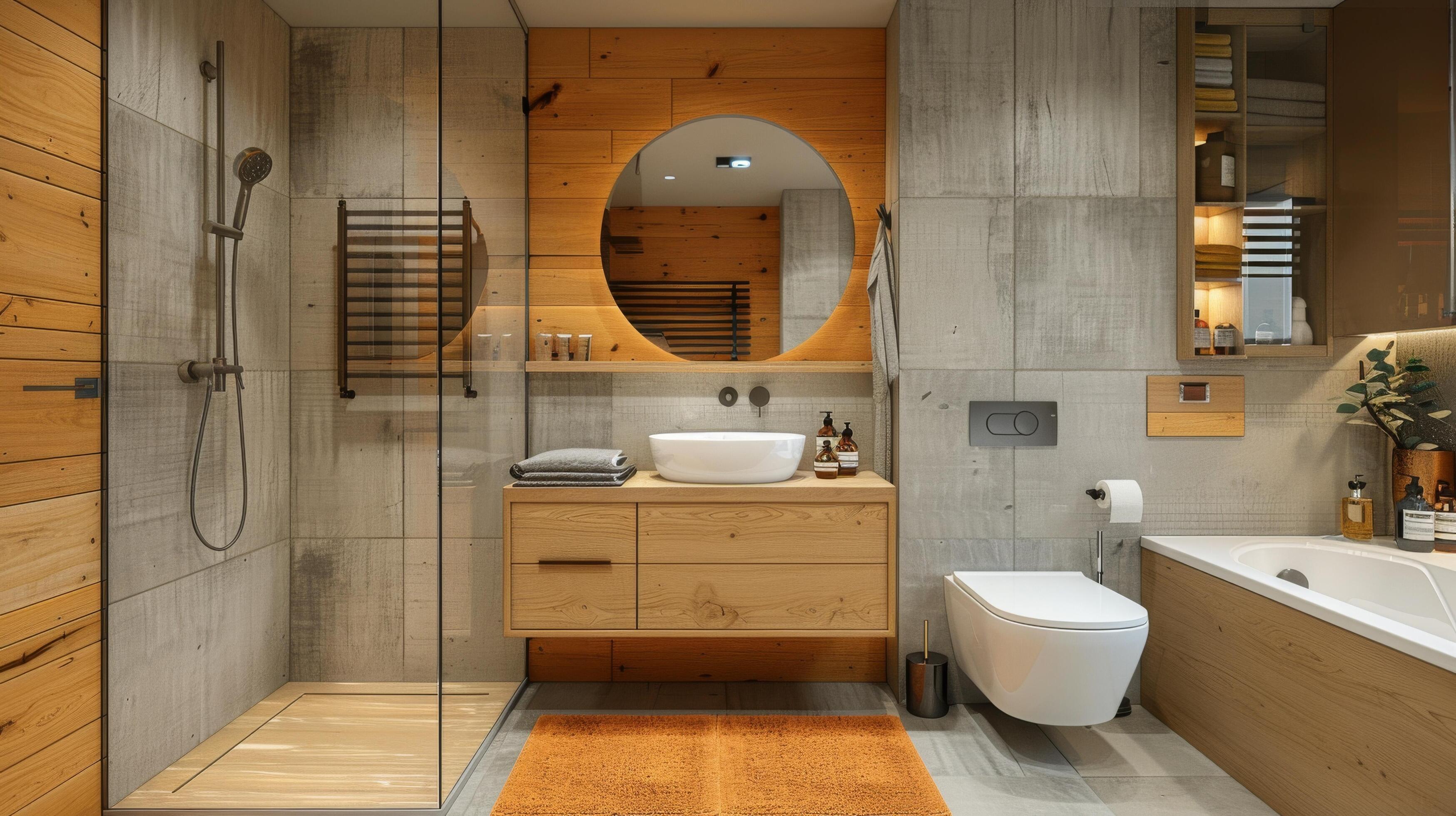 Modern Bathroom With Tub, Toilet, Sink, and Plants Stock Free