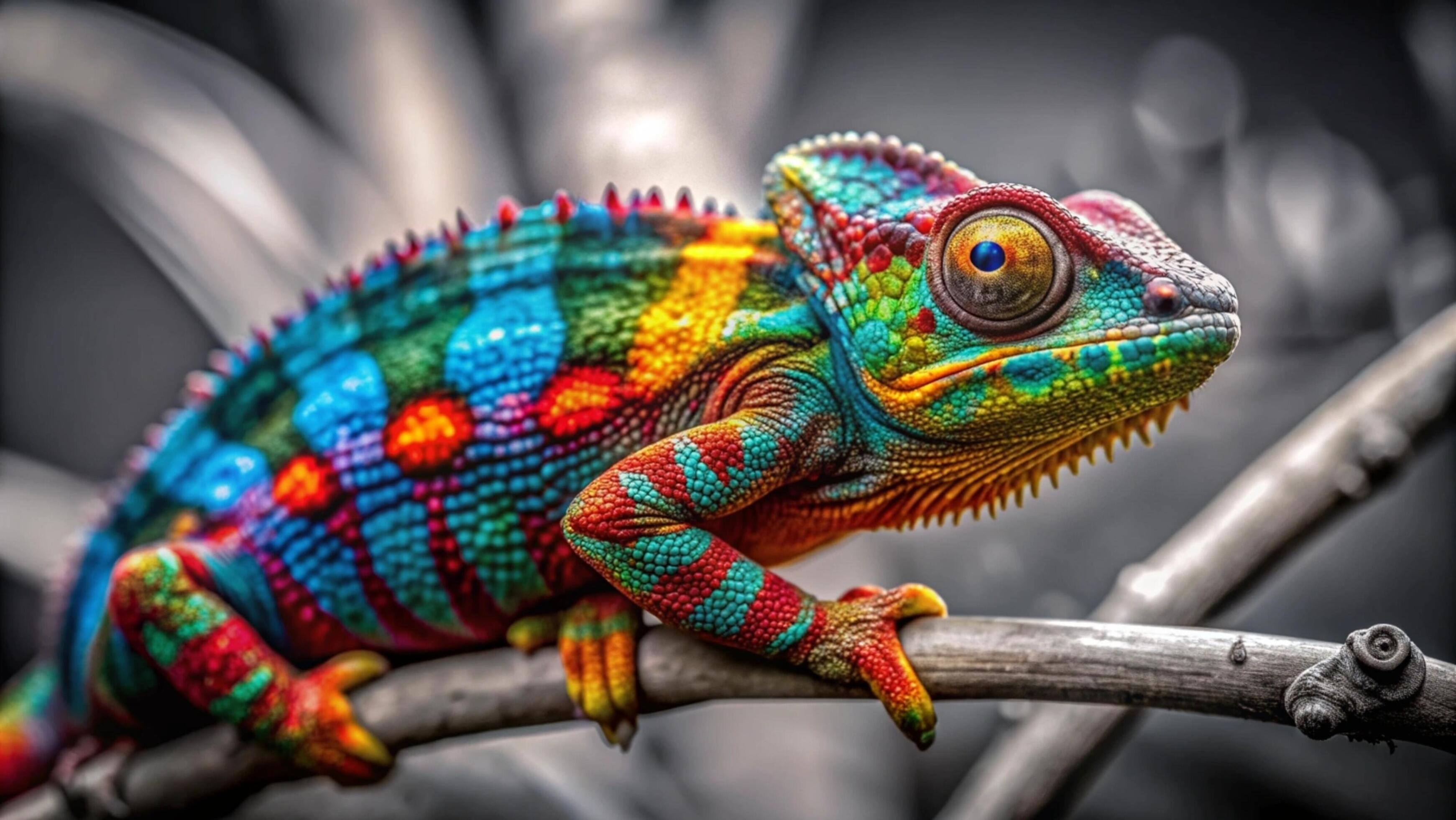 A vibrant chameleon camouflaging against a lush green forest background. Stock Free